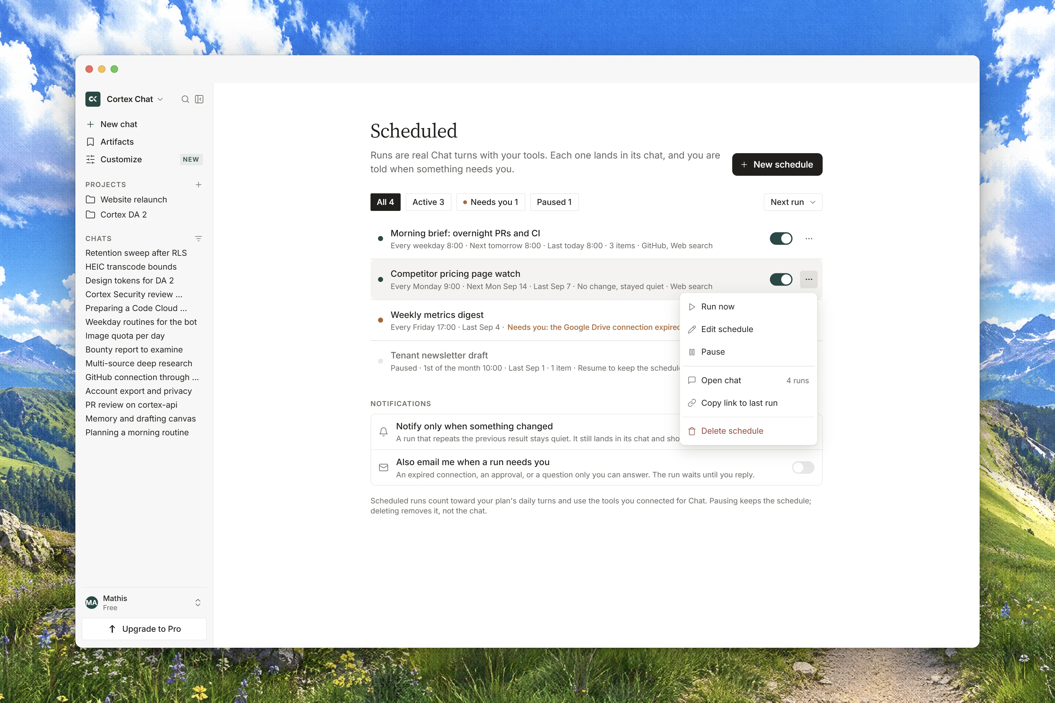 The Chat Scheduled page listing tasks with status filters and a menu for running or pausing a schedule.