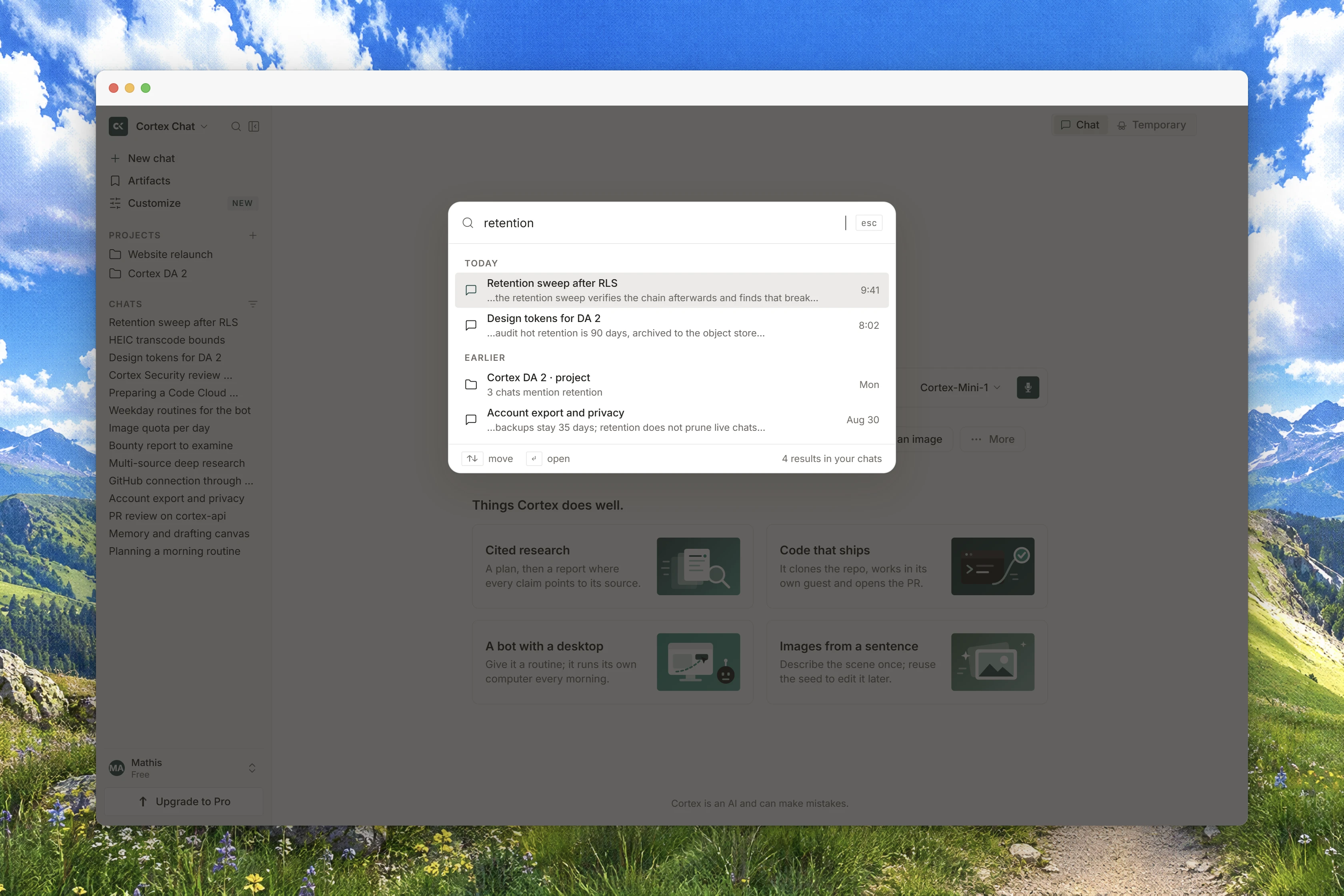 The Chat search palette opened with the keyboard shortcut, with a search field and matching results.