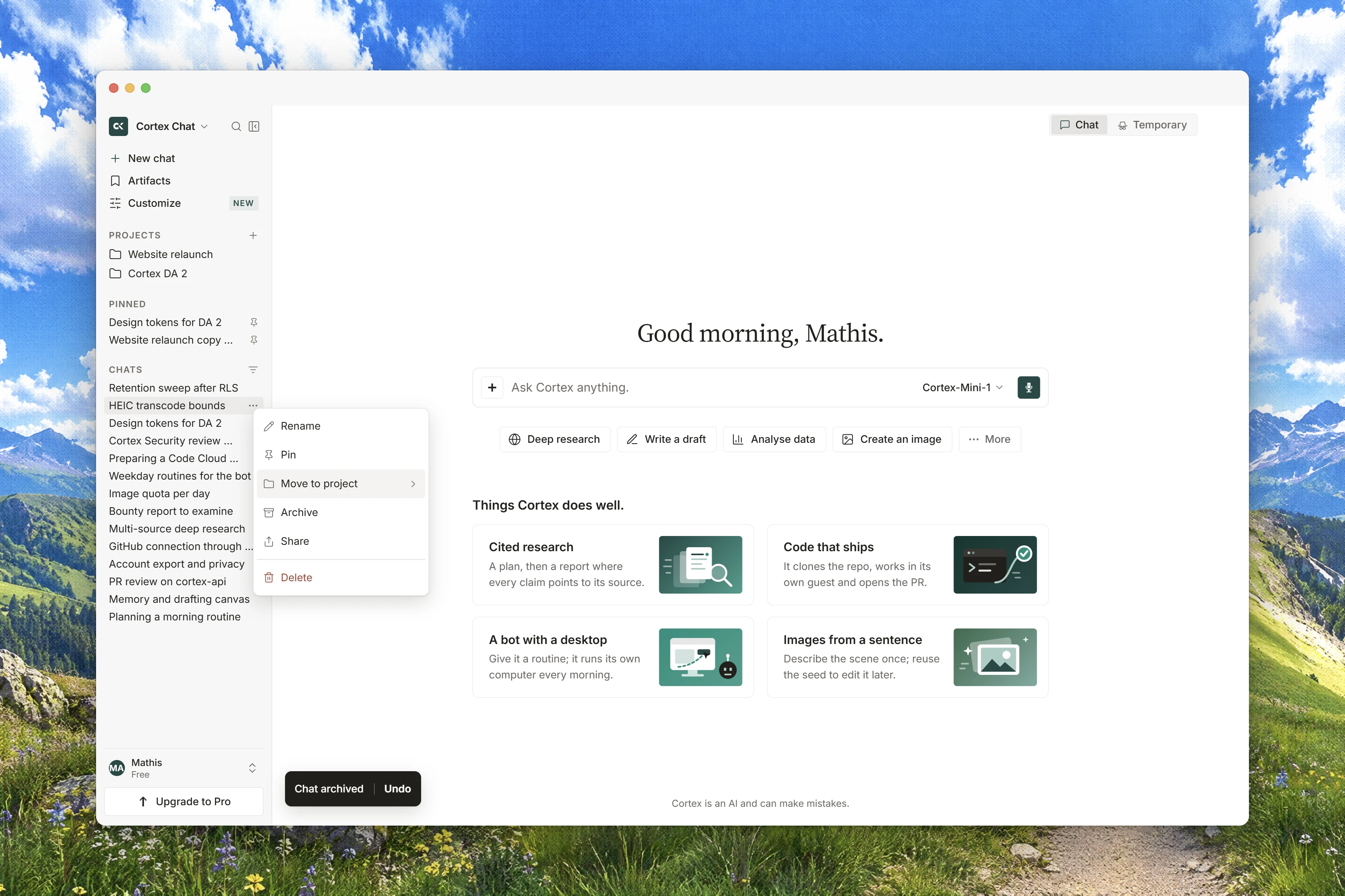 The Chat sidebar with workspace navigation, pinned conversations, recent chats, and an open conversation action menu.