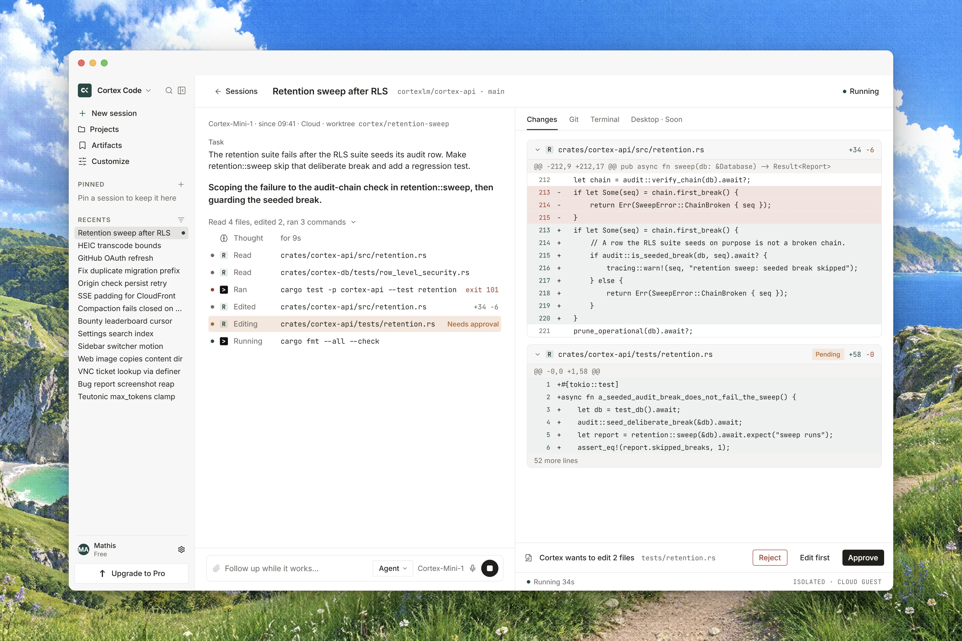 A Code session with pending file changes, a proposed diff, and controls to reject, request edits, or approve.