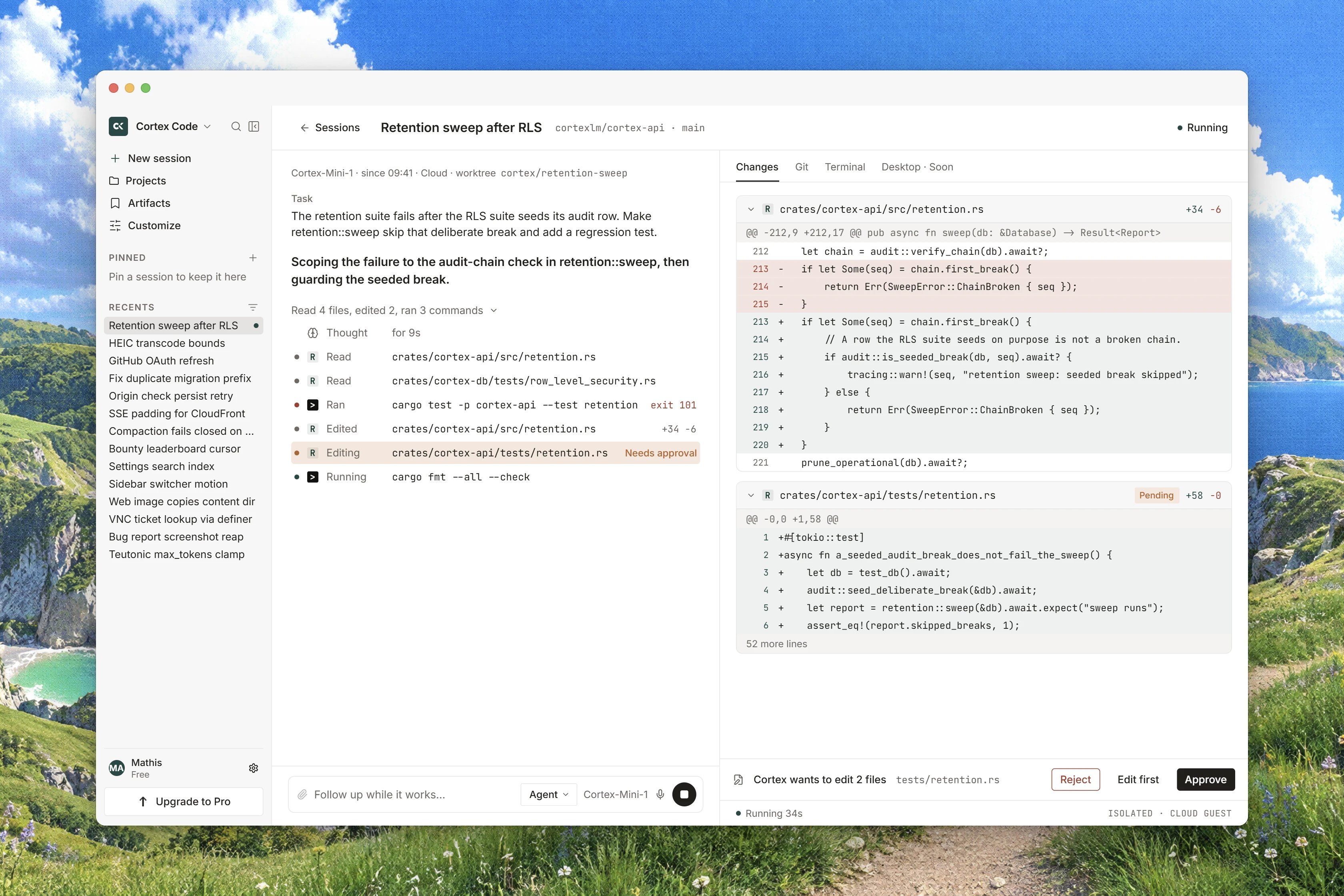 A Code session with pending file changes, a proposed diff, and controls to reject, request edits, or approve.