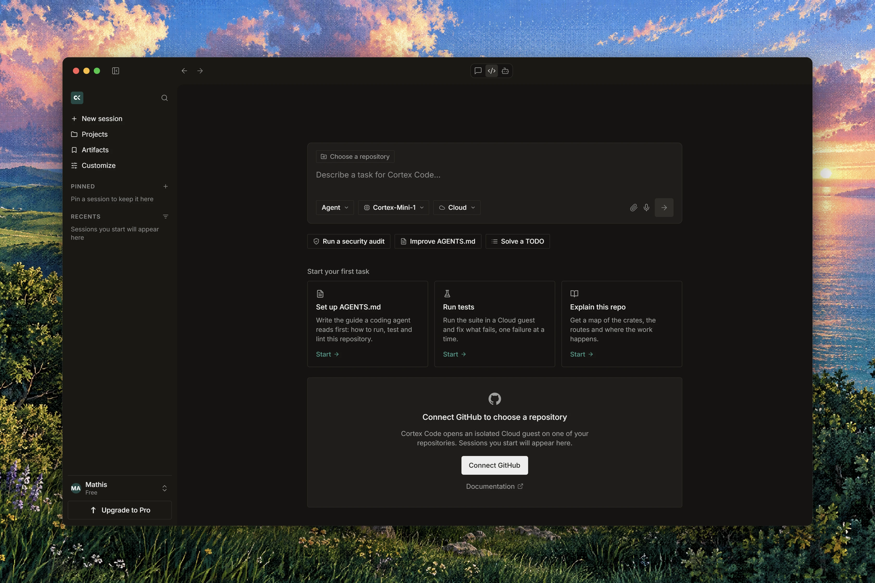 The first-run Cortex Code home on macOS with a task composer, repository chooser, and GitHub connection prompt.