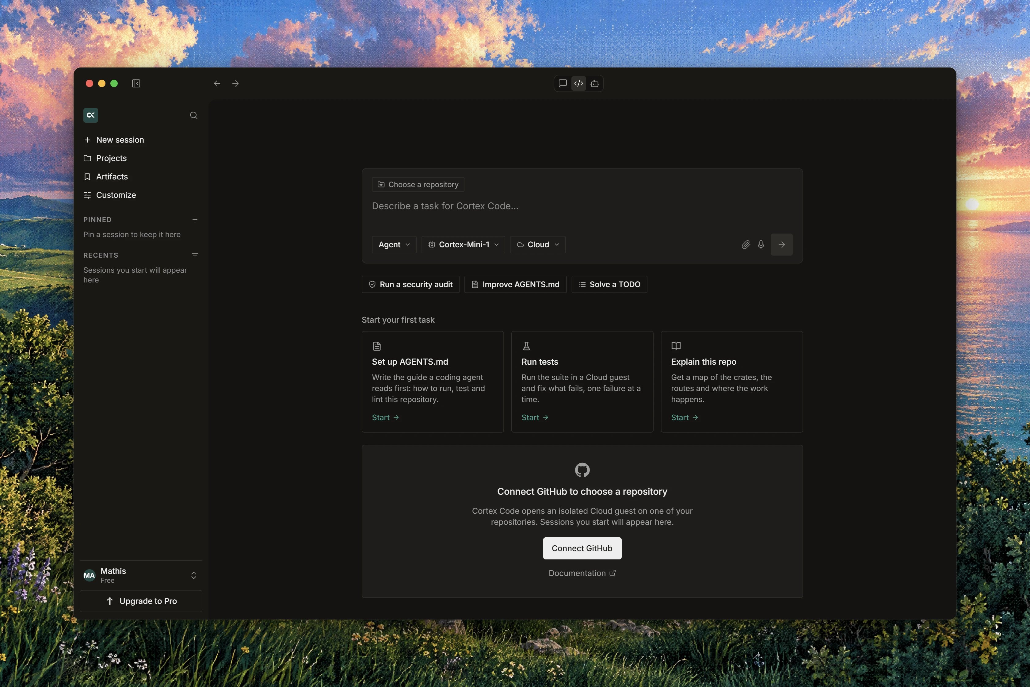 The first-run Cortex Code home on macOS with a task composer, repository chooser, and GitHub connection prompt.