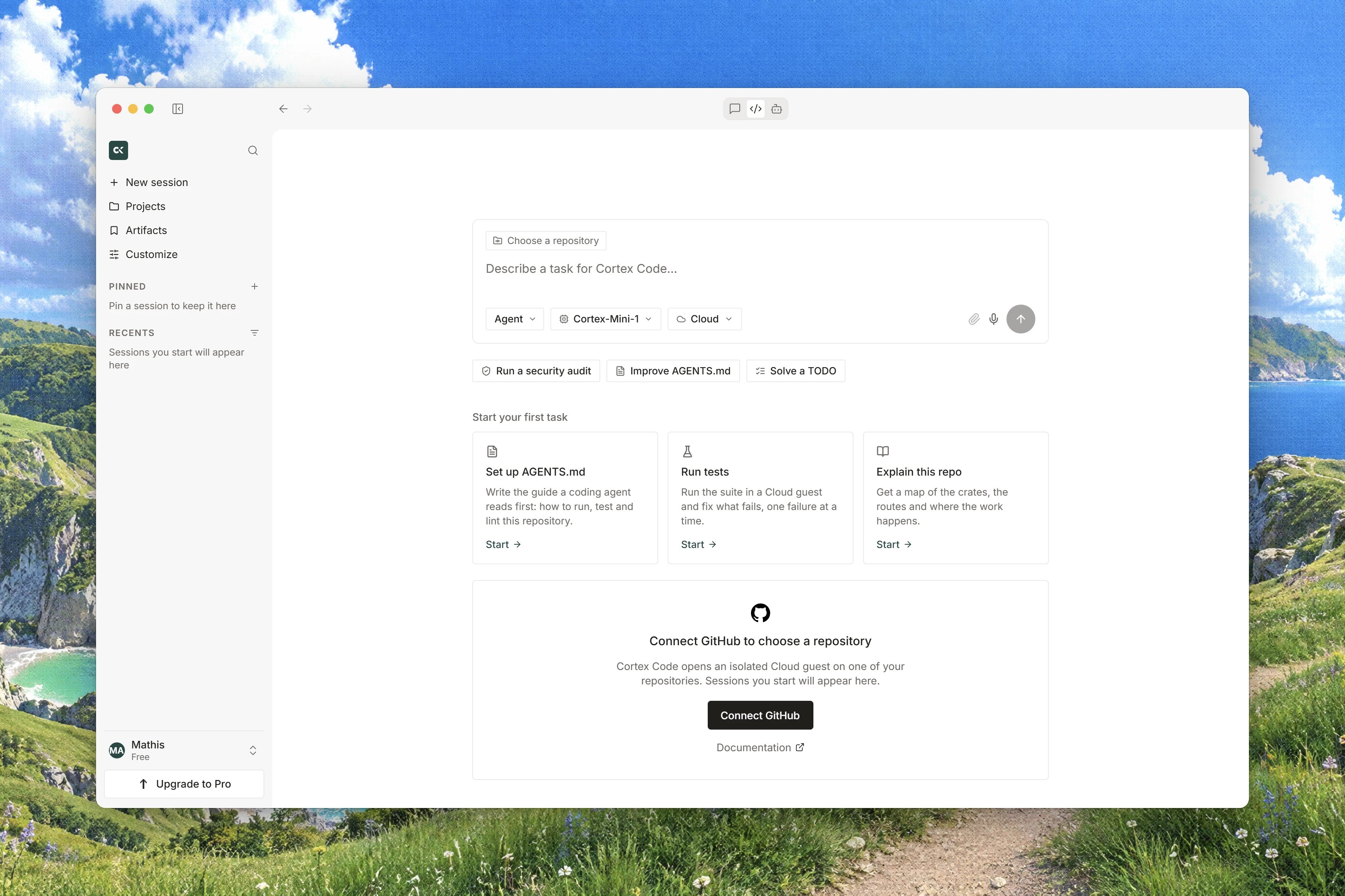 The first-run Cortex Code home on macOS with a task composer, repository chooser, and GitHub connection prompt.
