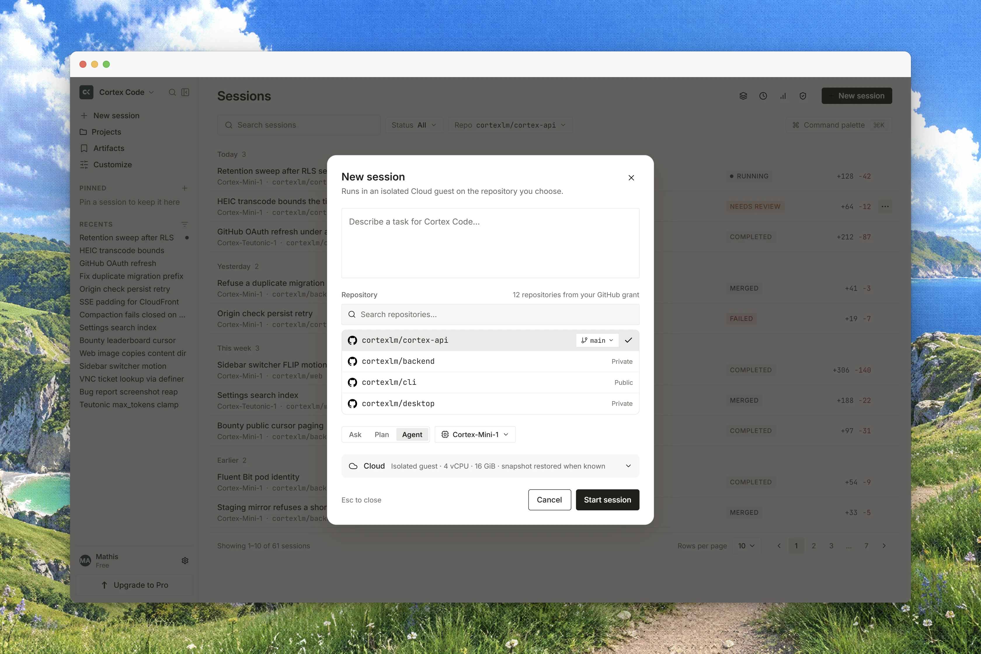 The new Code session dialog with repository, branch, interaction mode, model, and Cloud runtime choices.