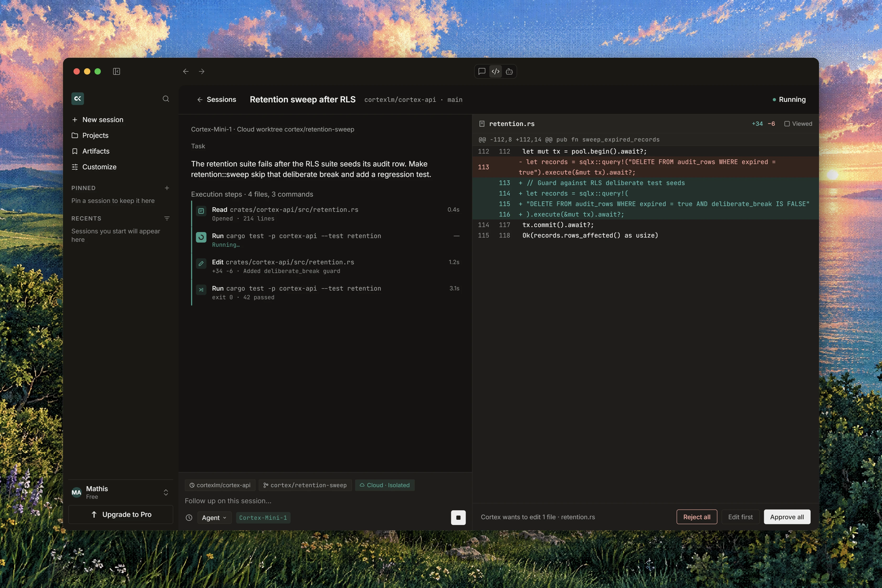 A Cortex Code session on macOS with an execution timeline beside a proposed code diff and approval controls.