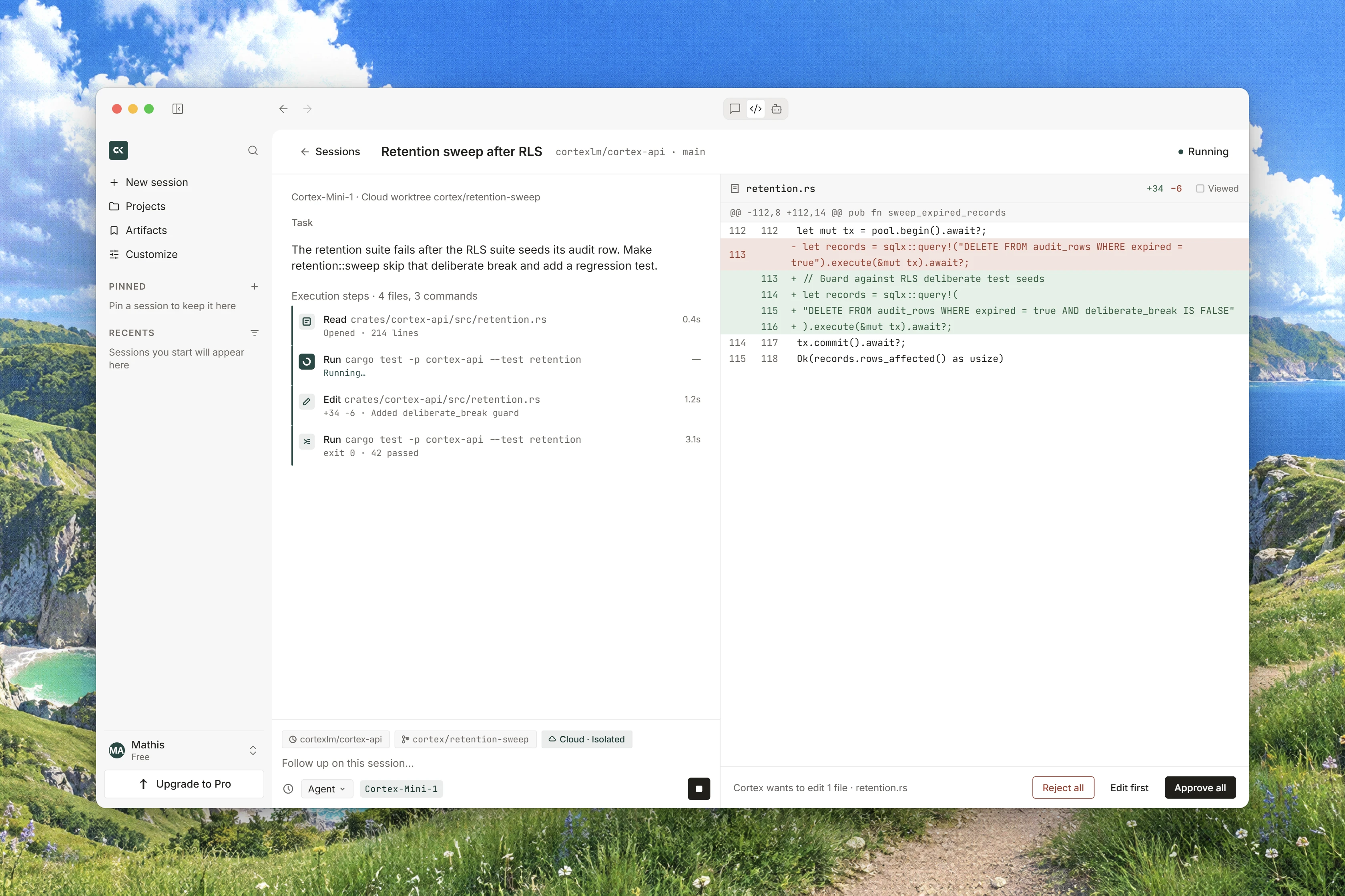 A Cortex Code session on macOS with an execution timeline beside a proposed code diff and approval controls.