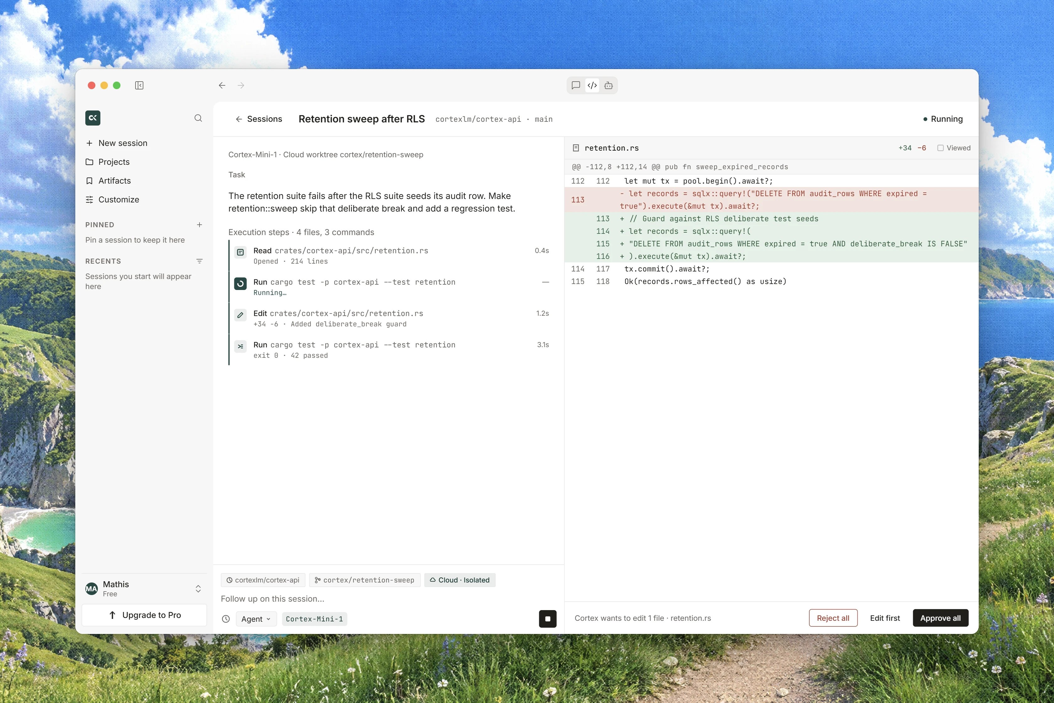 A Cortex Code session on macOS with an execution timeline beside a proposed code diff and approval controls.