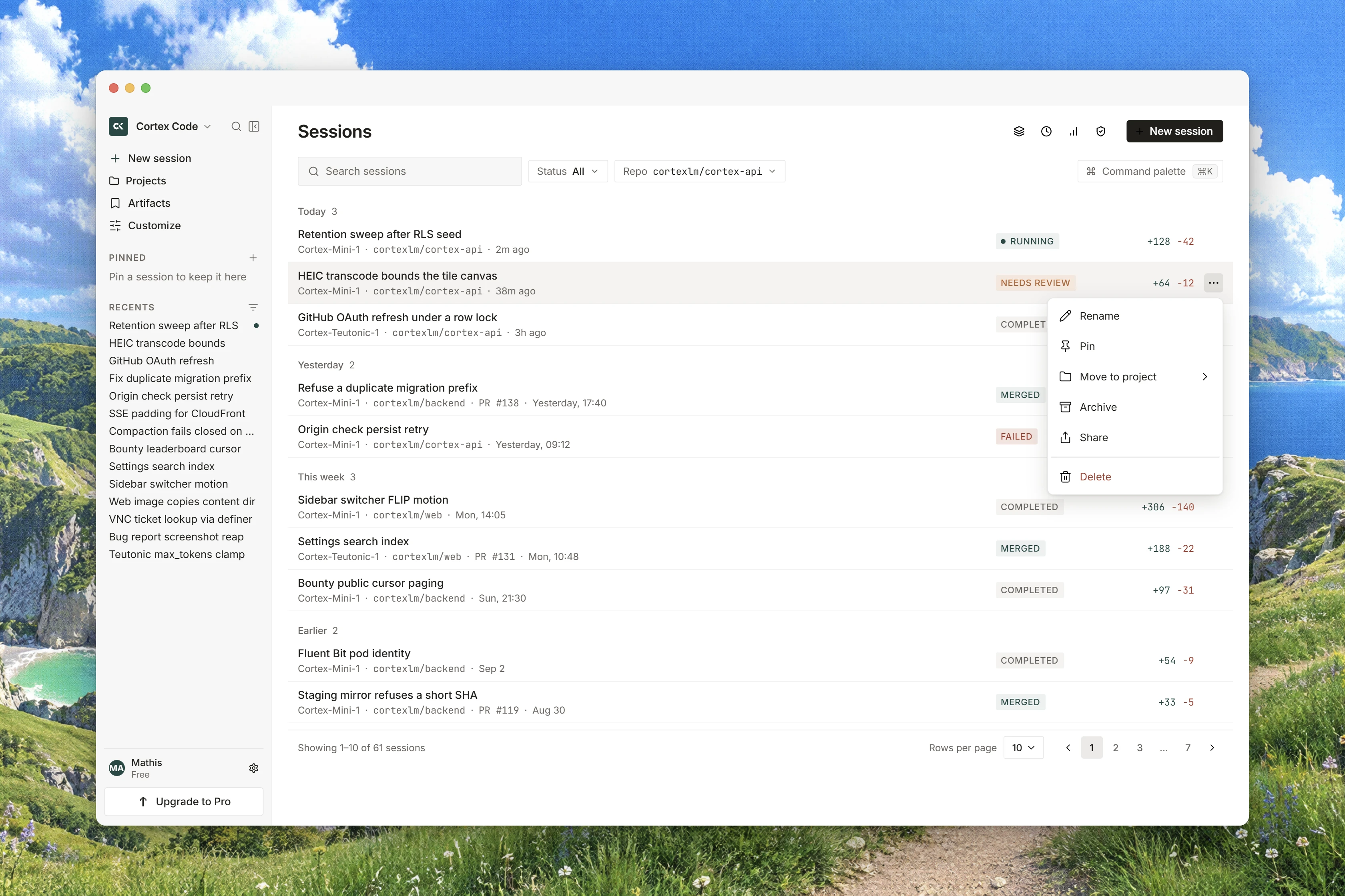 The Code sessions list with repository and status filters for finding running, review, and failed sessions.