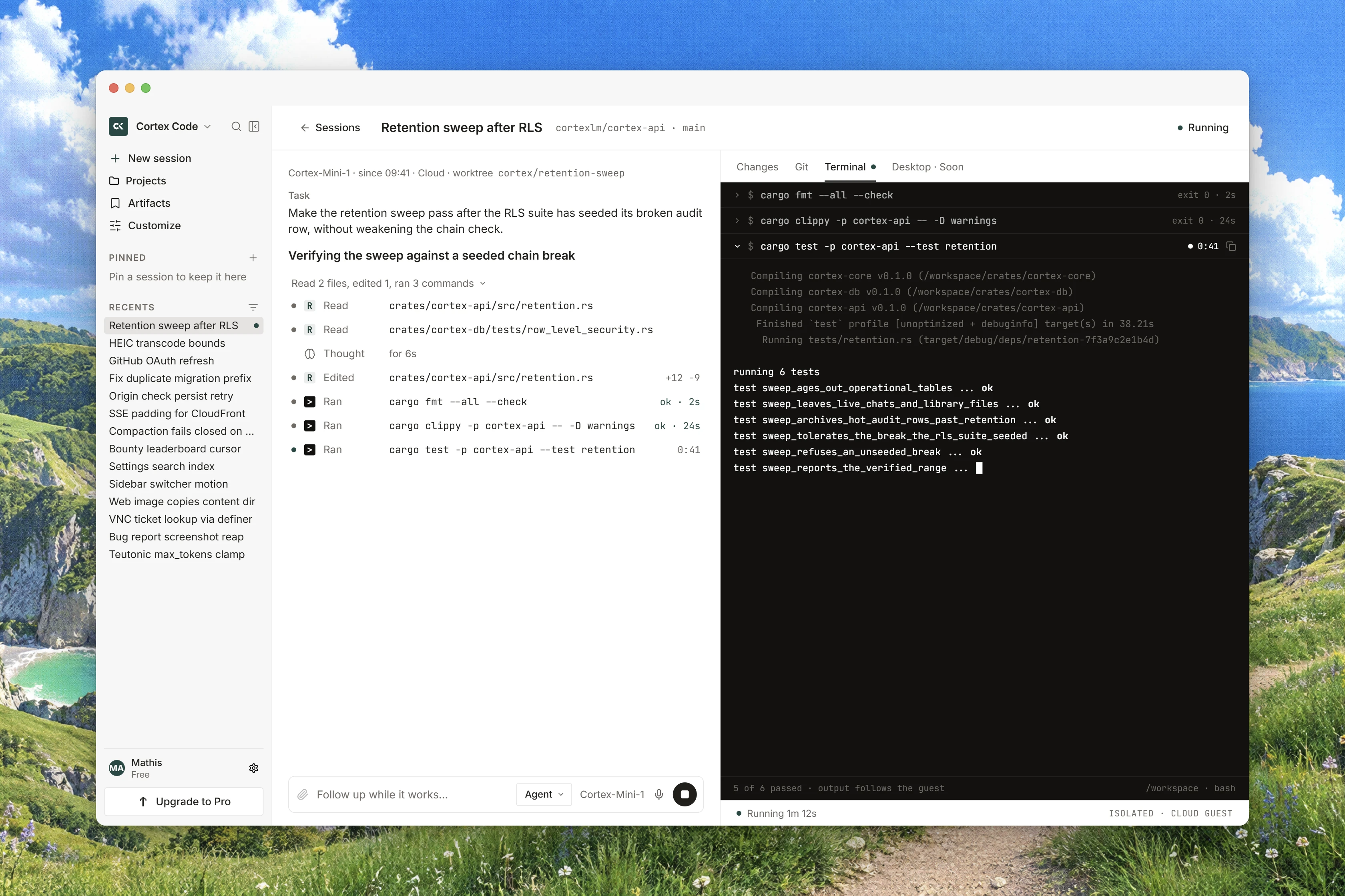 A Code session showing the agent's execution trace beside live terminal test output from its Cloud guest.