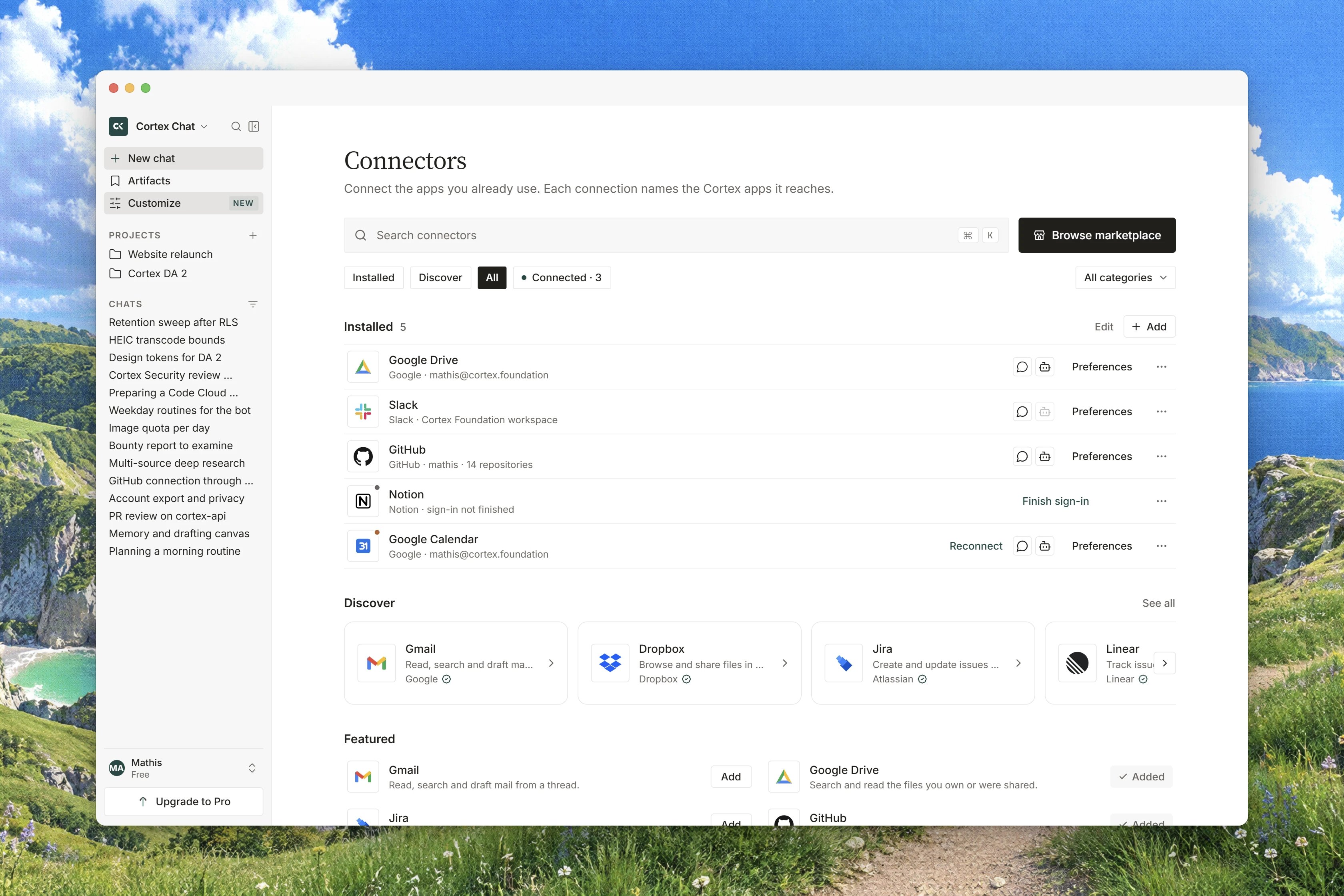 The connector catalogue with connected apps, connection statuses, search, and category filters.