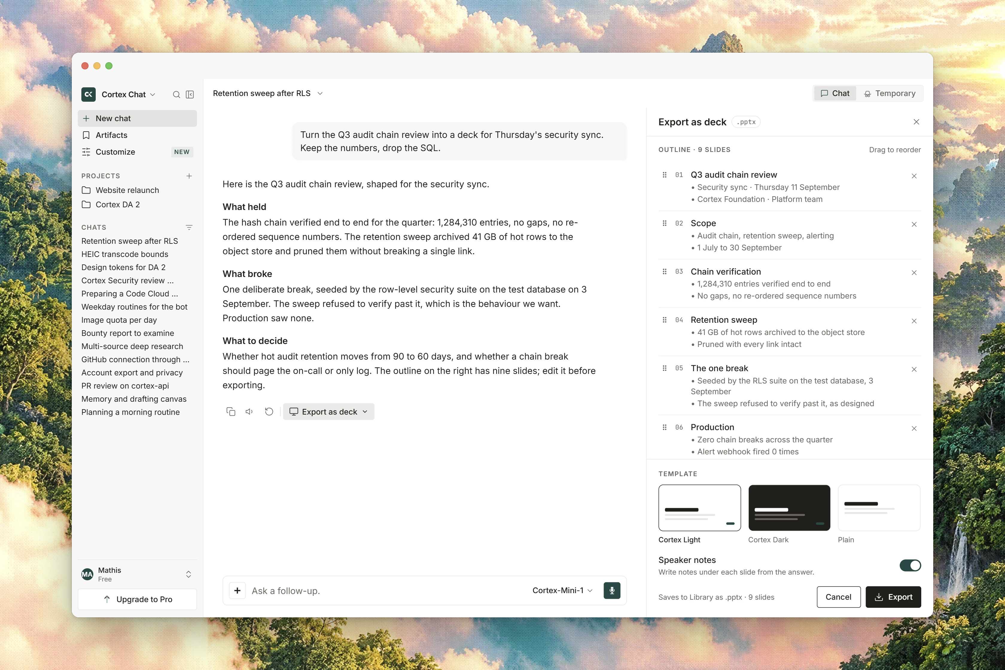 A Chat answer beside a deck export panel with a slide outline to review before creating the file.