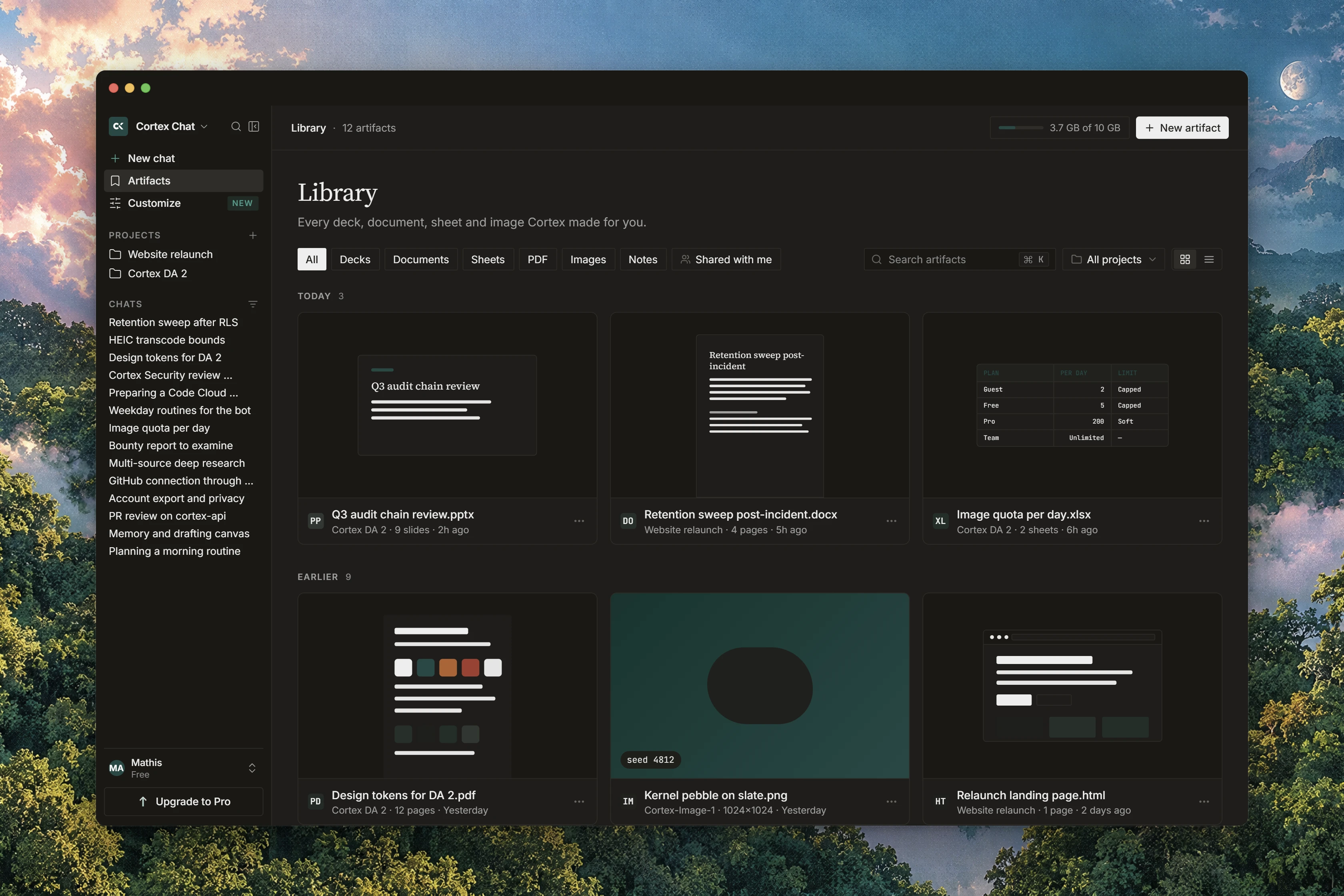 The Library grid with document, deck, spreadsheet, and image previews alongside search and file-type filters.