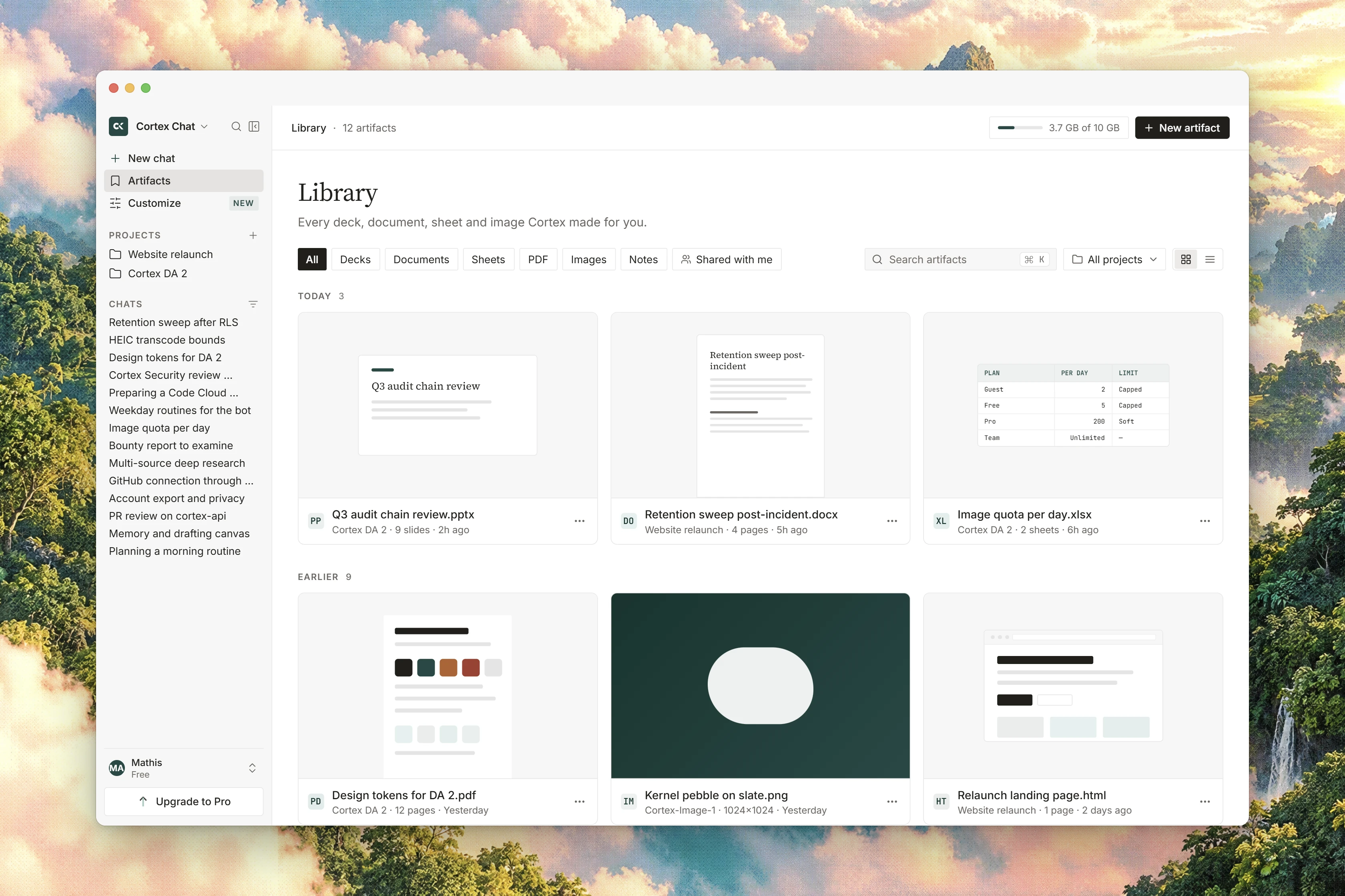 The Library grid with document, deck, spreadsheet, and image previews alongside search and file-type filters.
