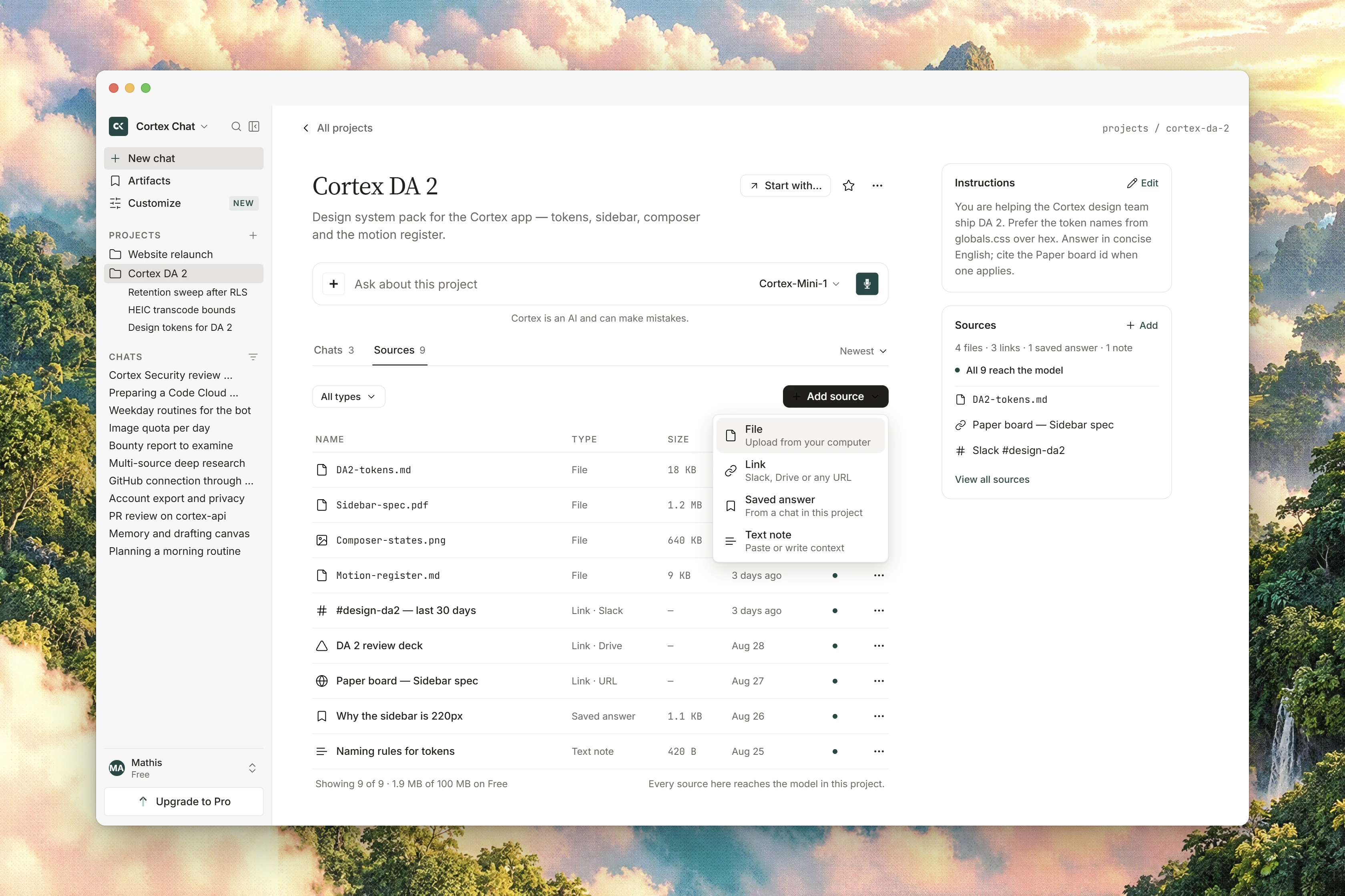 A project's source list with files, links, notes, and the add-source menu beside its instructions.