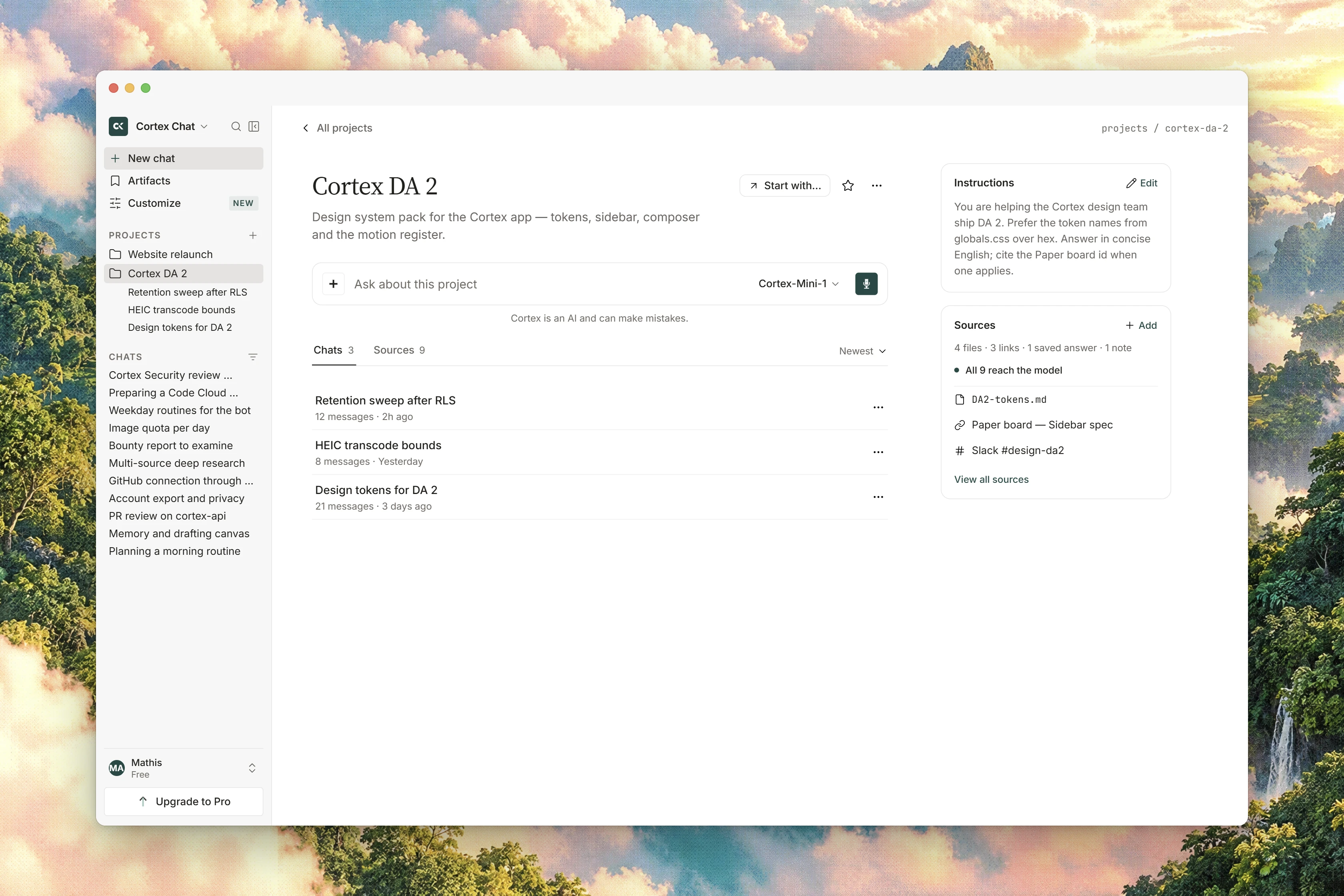 A project workspace with its chats, message composer, standing instructions, and source summary.