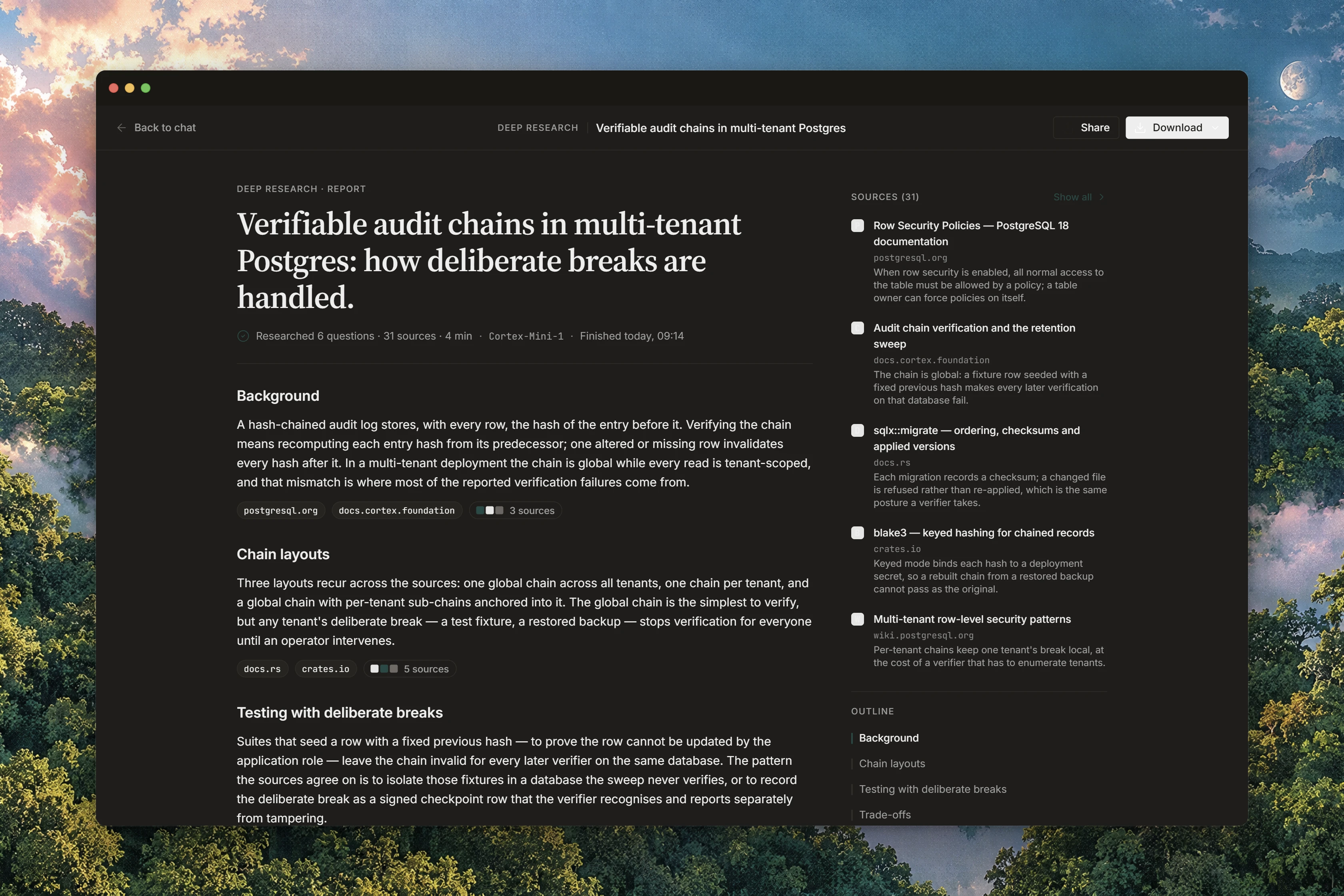A completed Deep Research report in the reader with numbered citations, an outline, and a source sidebar.