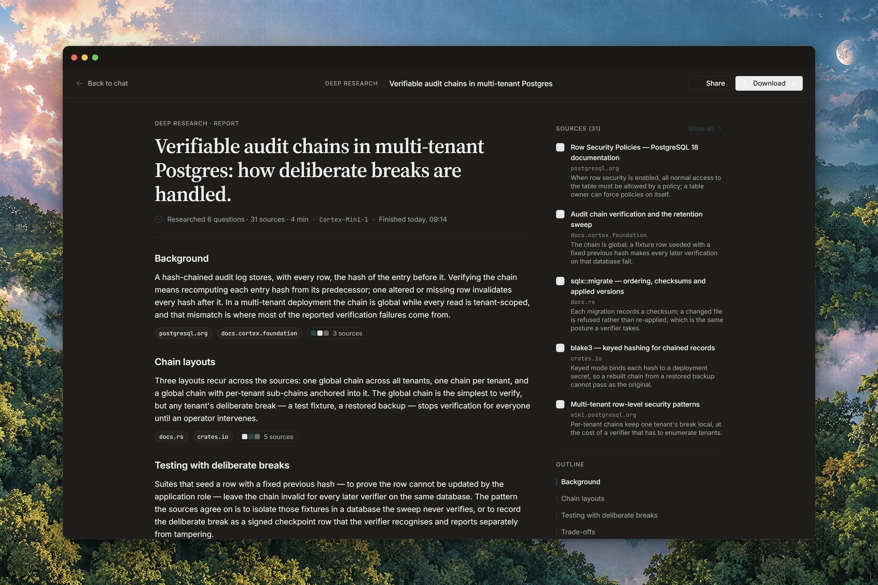 A completed Deep Research report in the reader with numbered citations, an outline, and a source sidebar.