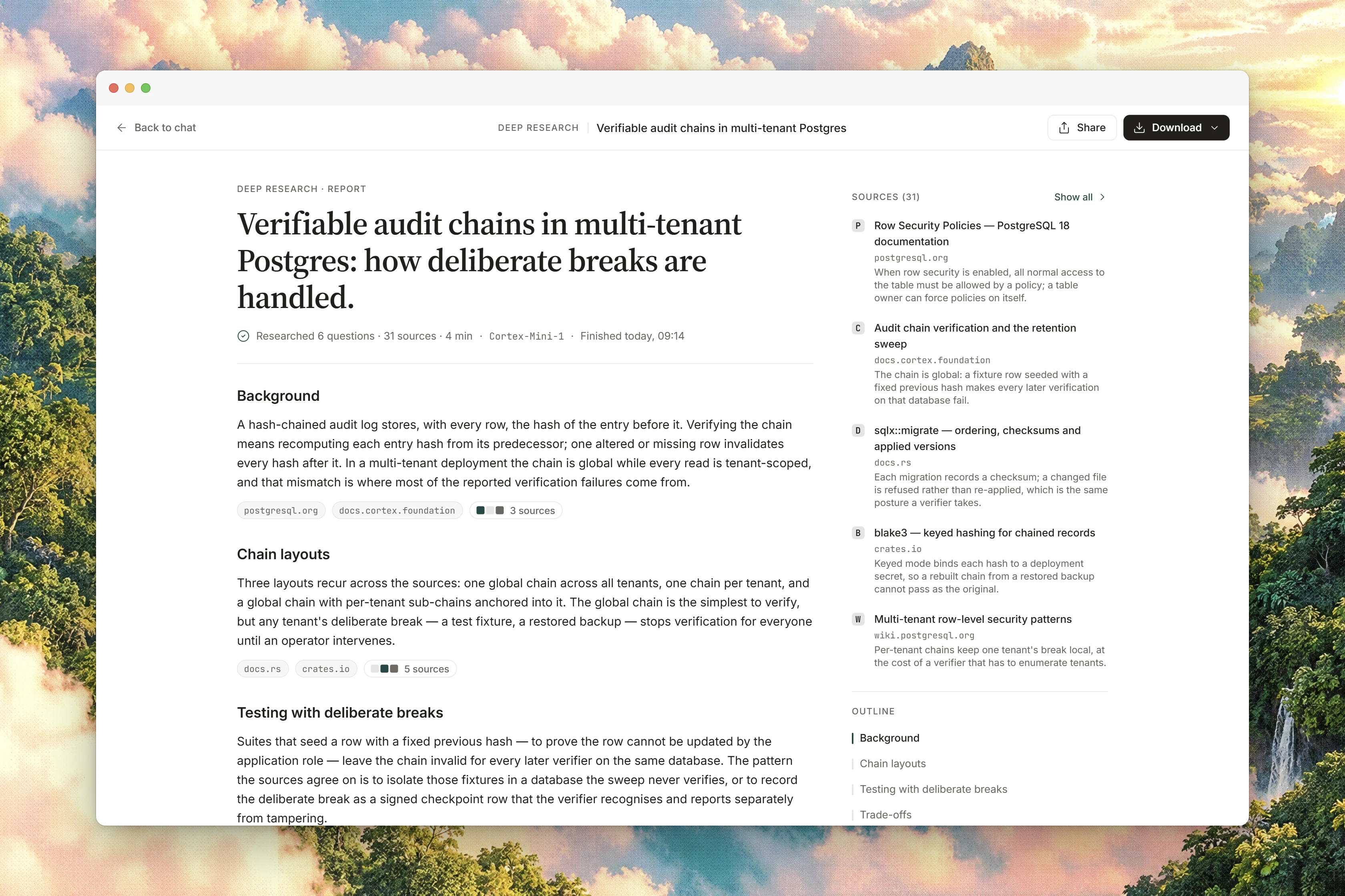 A completed Deep Research report in the reader with numbered citations, an outline, and a source sidebar.