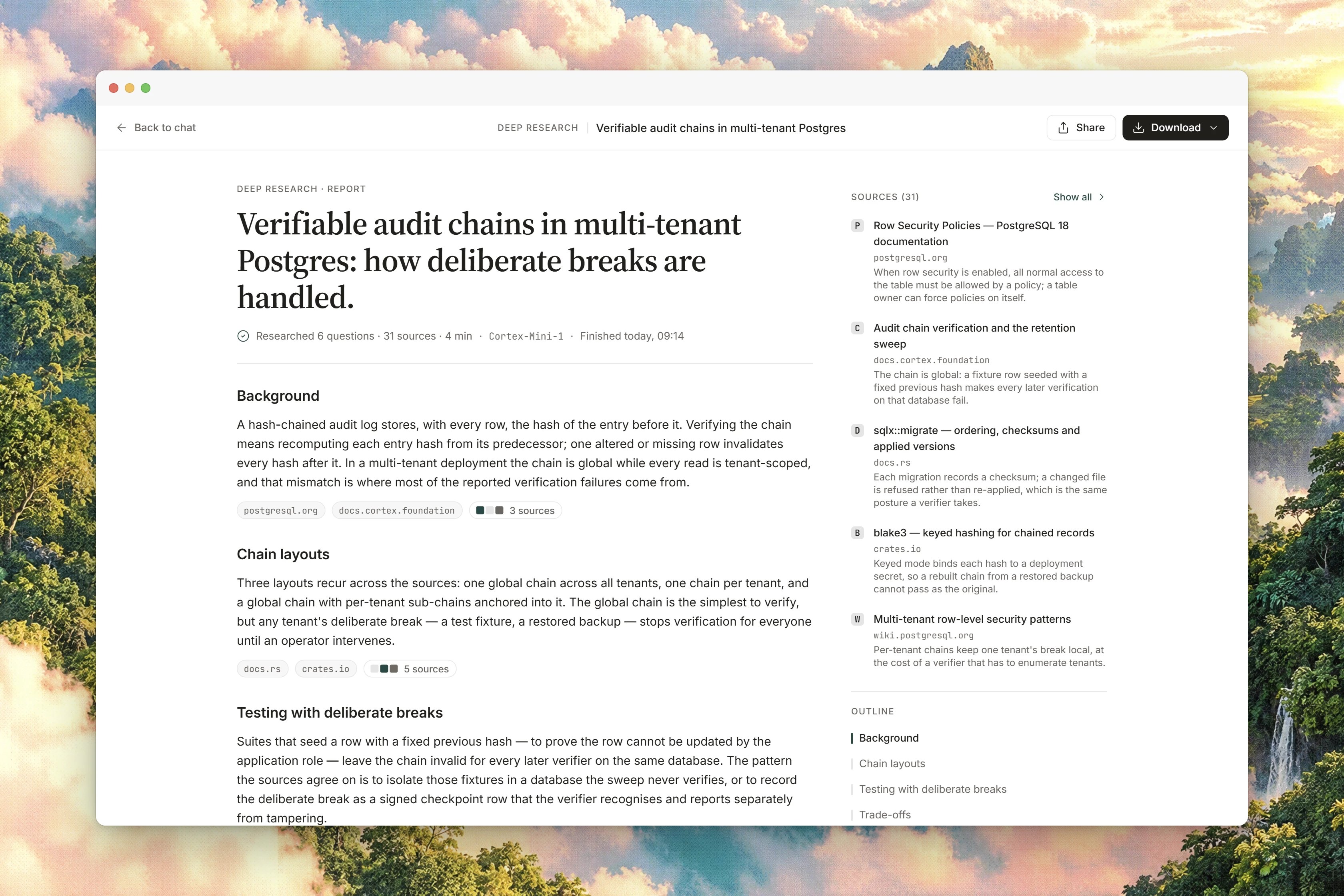 A completed Deep Research report in the reader with numbered citations, an outline, and a source sidebar.