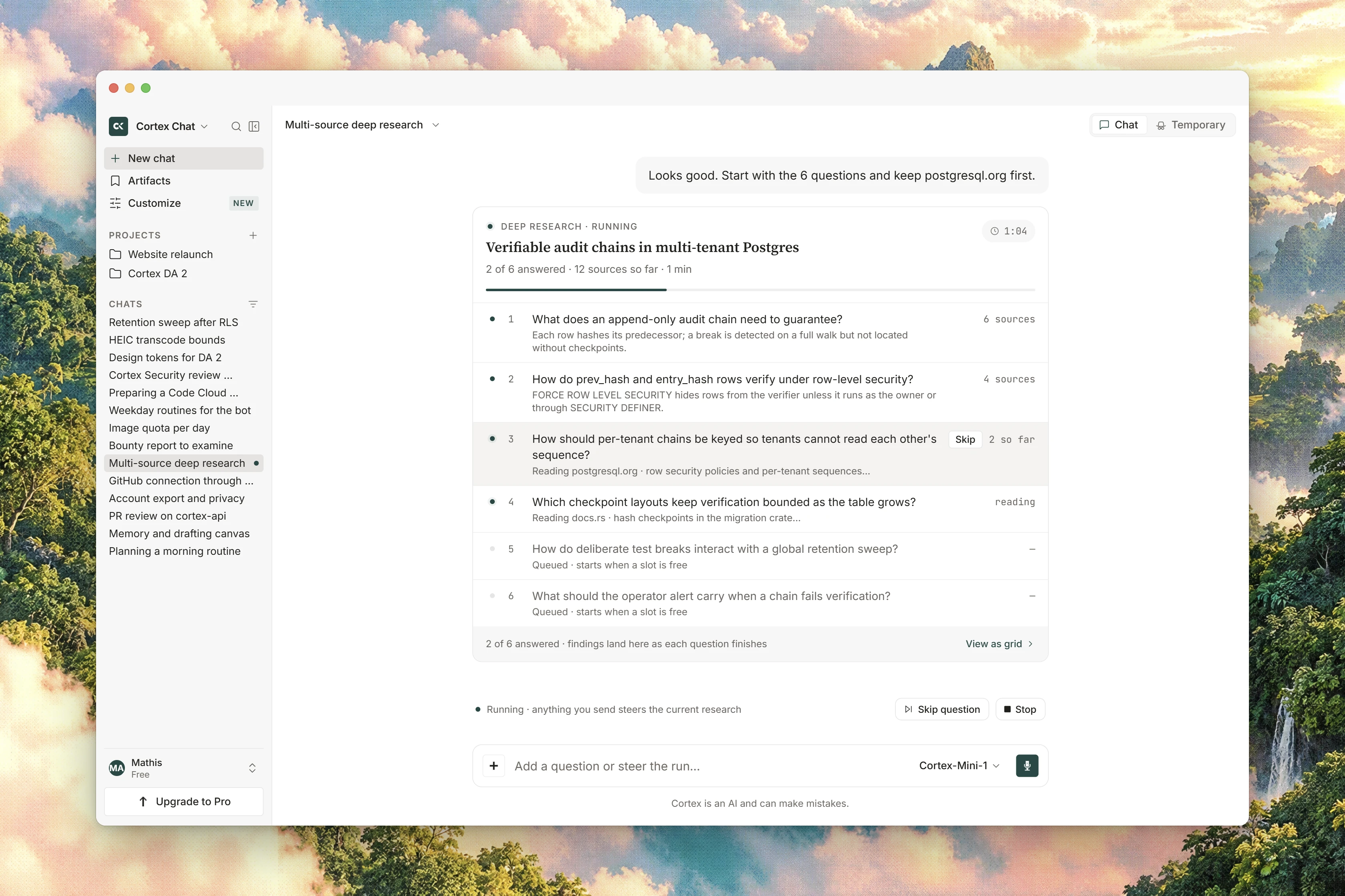 An active Deep Research run showing progress across its research questions and the sources found.