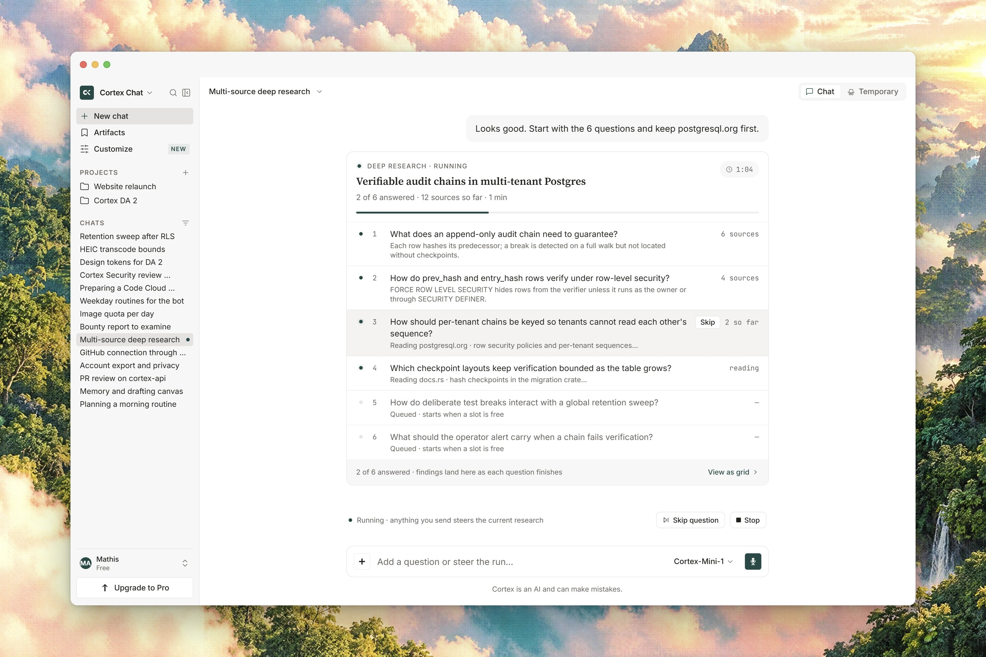 An active Deep Research run showing progress across its research questions and the sources found.
