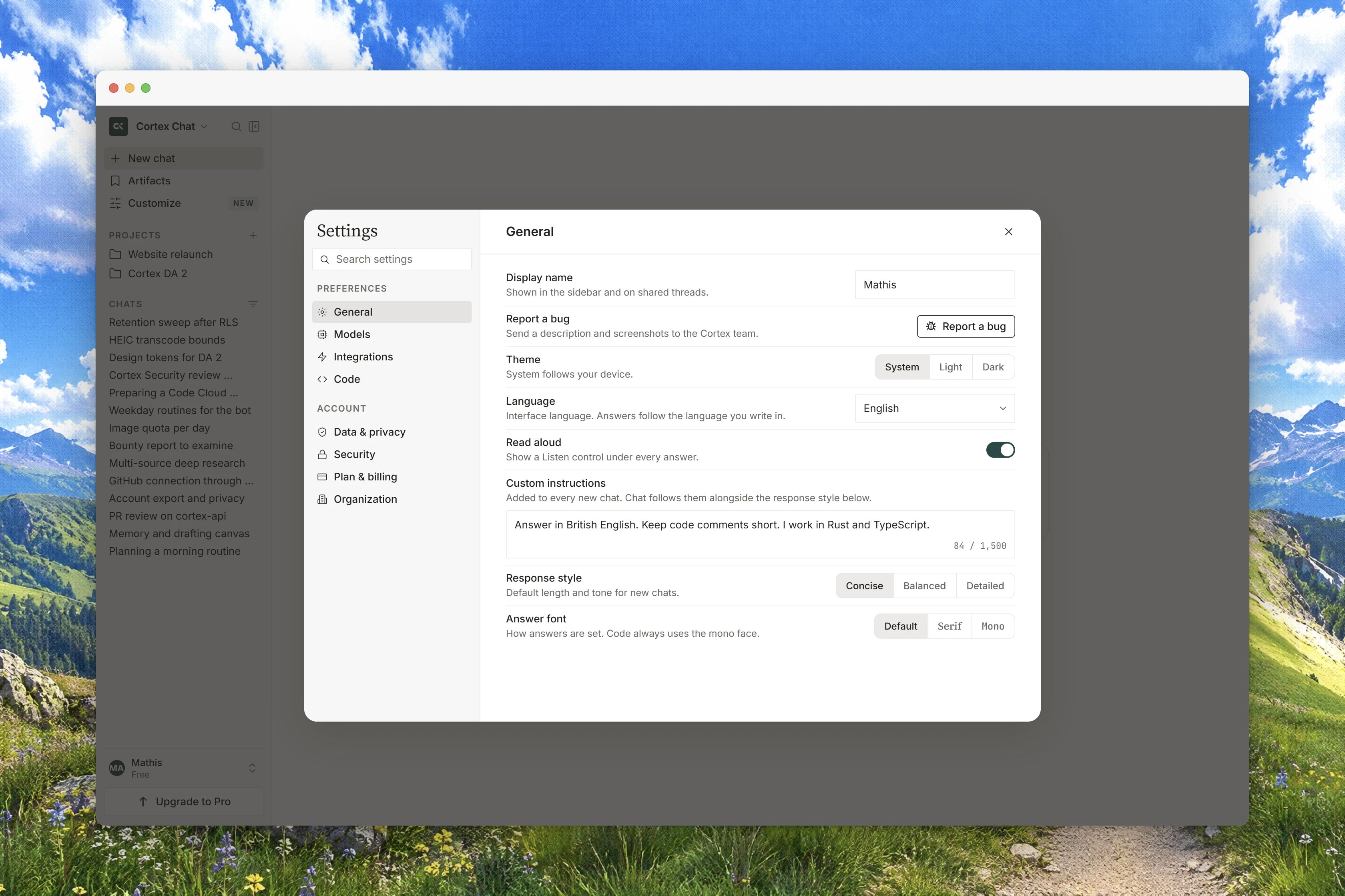 The General tab in the Cortex Settings overlay with account details and interface preferences.