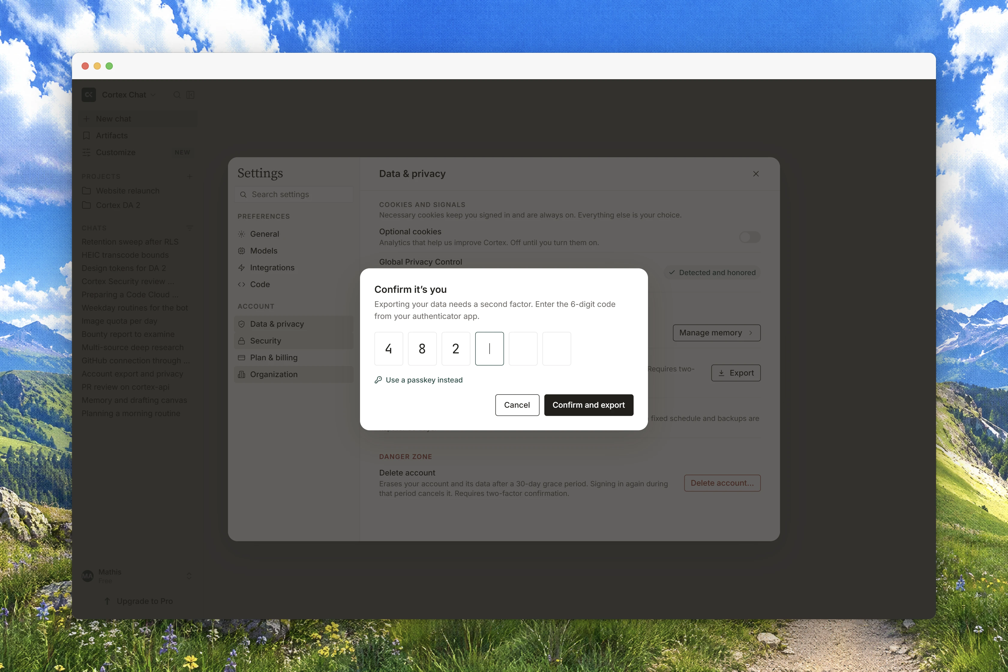 The Data and privacy tab in Cortex Settings with account data and privacy controls.