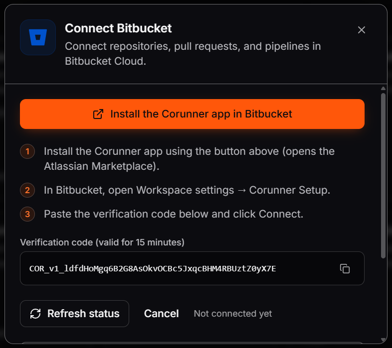 Connect Bitbucket dialog showing the install button, setup steps, and verification code