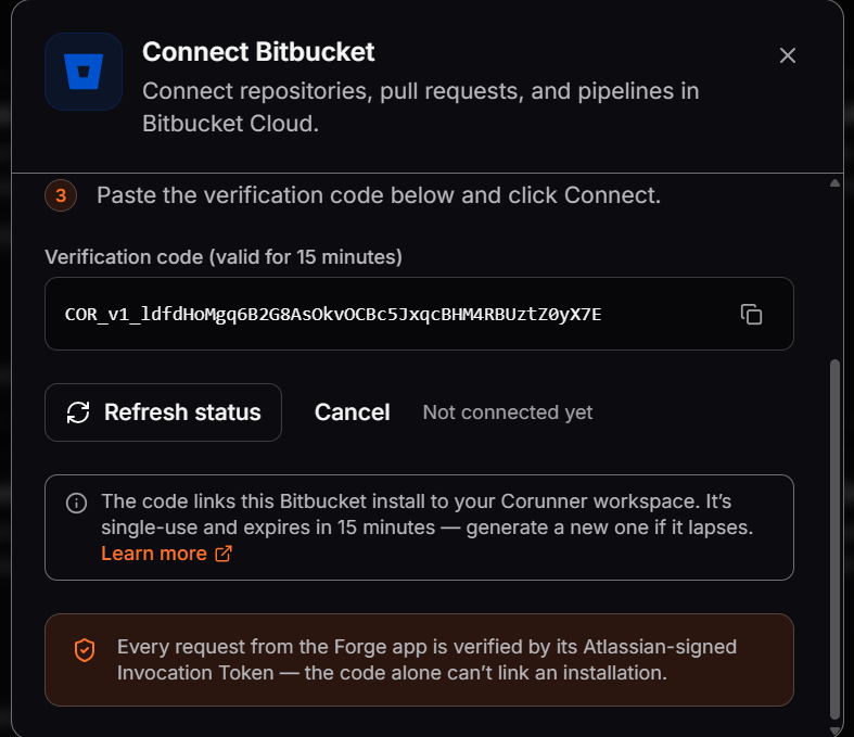 Connect Bitbucket dialog showing the verification code, refresh status button, expiration notice, and invocation-token information