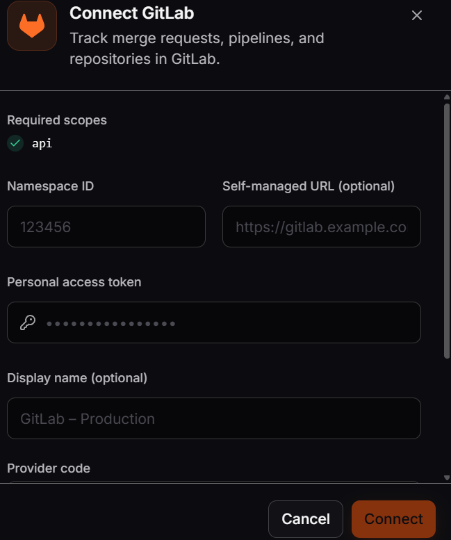 Connect GitLab dialog showing the required API scope, namespace ID, self-managed URL, personal access token, and display name fields