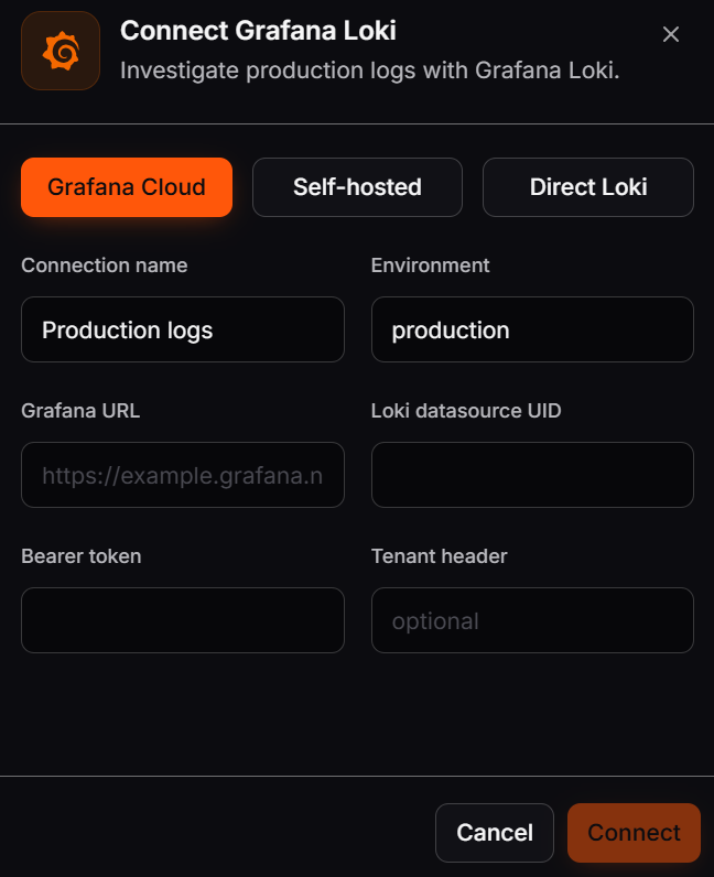 Connect Grafana Loki dialog with Grafana Cloud selected and fields for the Grafana URL, datasource UID, bearer token, and optional tenant header