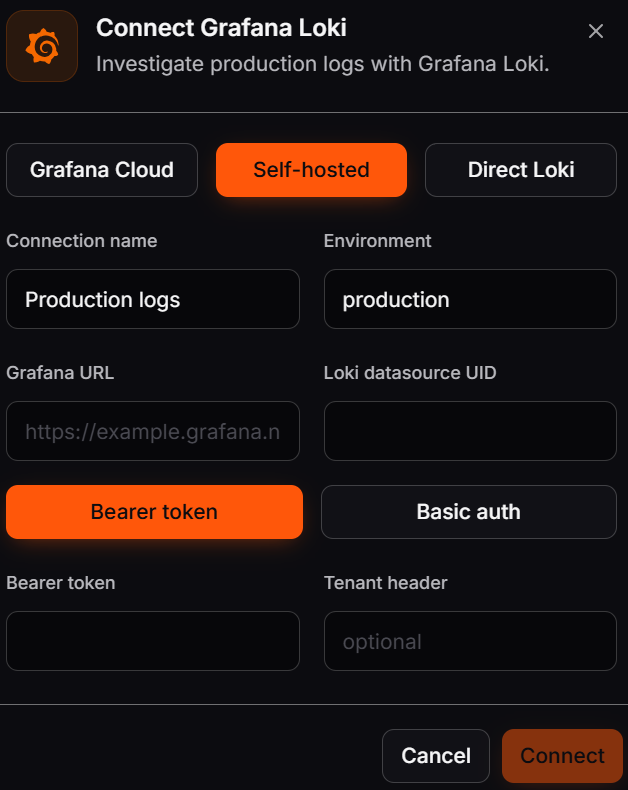 Connect Grafana Loki dialog with Self-hosted and Bearer token selected