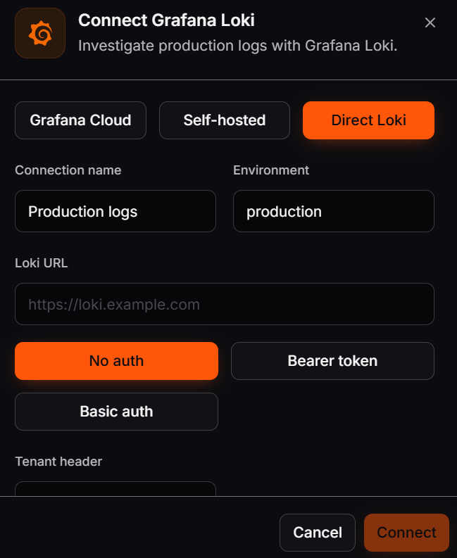 Connect Grafana Loki dialog with Direct Loki selected, a Loki URL field, authentication options, and a tenant header field