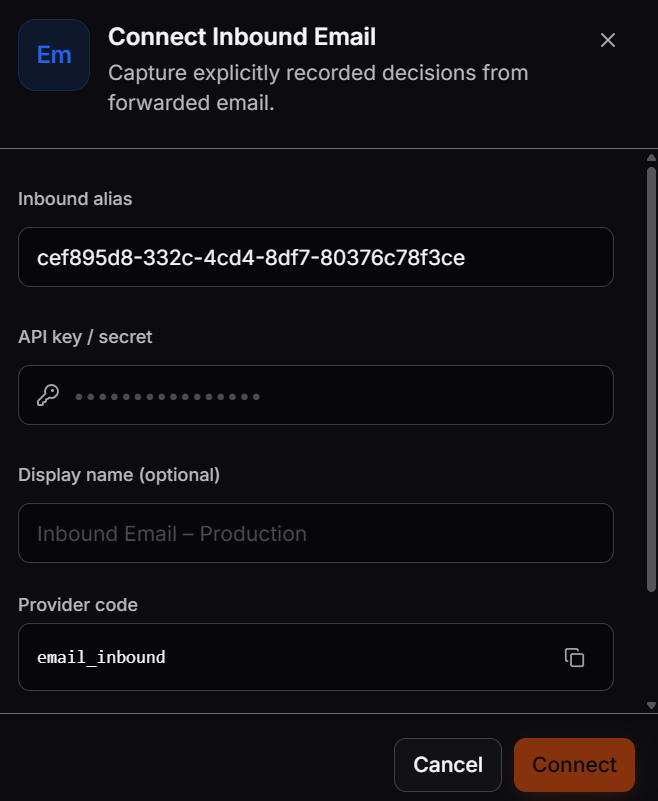 Connect Inbound Email dialog showing the inbound alias, API key or secret, optional display name, provider code, and Connect button