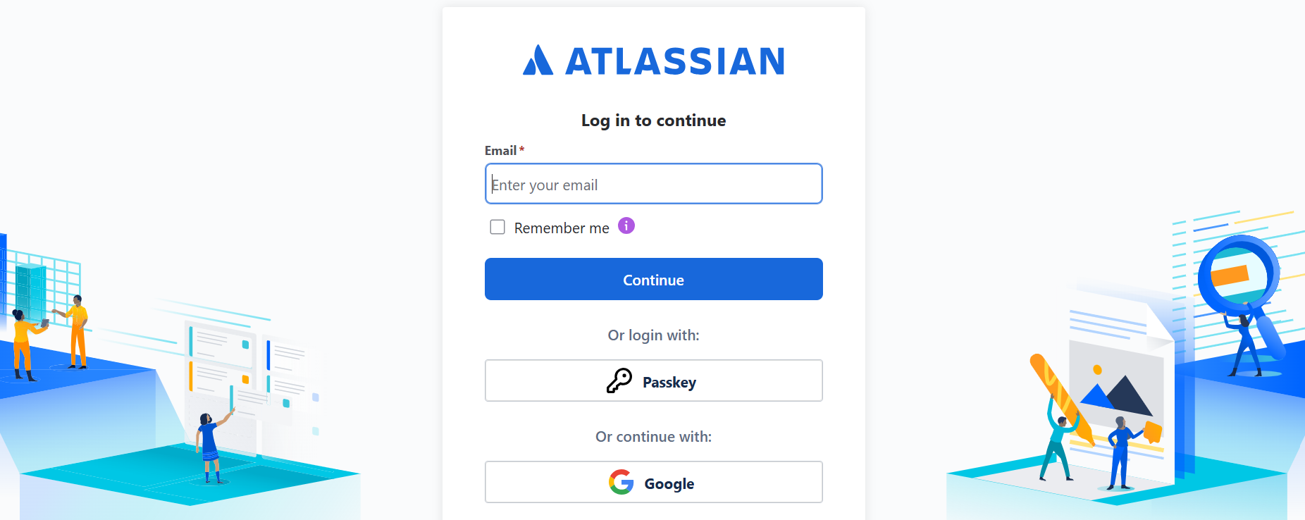 Atlassian login page with email, passkey, and Google sign-in options