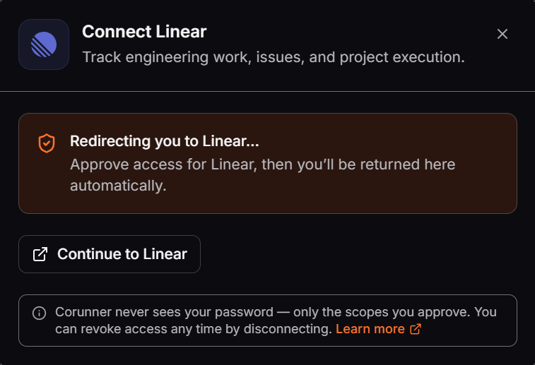 Connect Linear dialog in Corunner with a Continue to Linear button