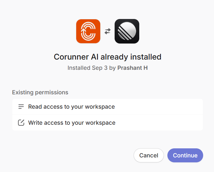 Linear authorization screen showing read and write access for Corunner AI