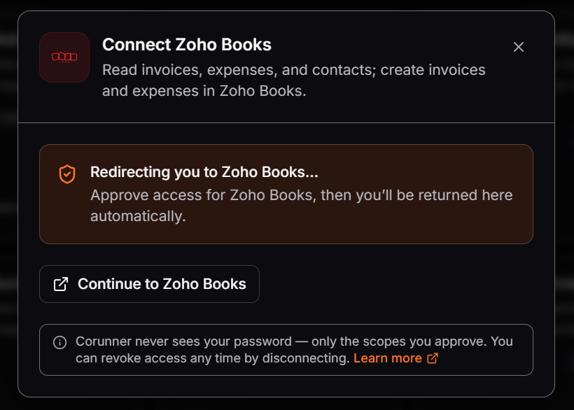 Connect Zoho Books dialog in Corunner with a Continue to Zoho Books button and credential security notice