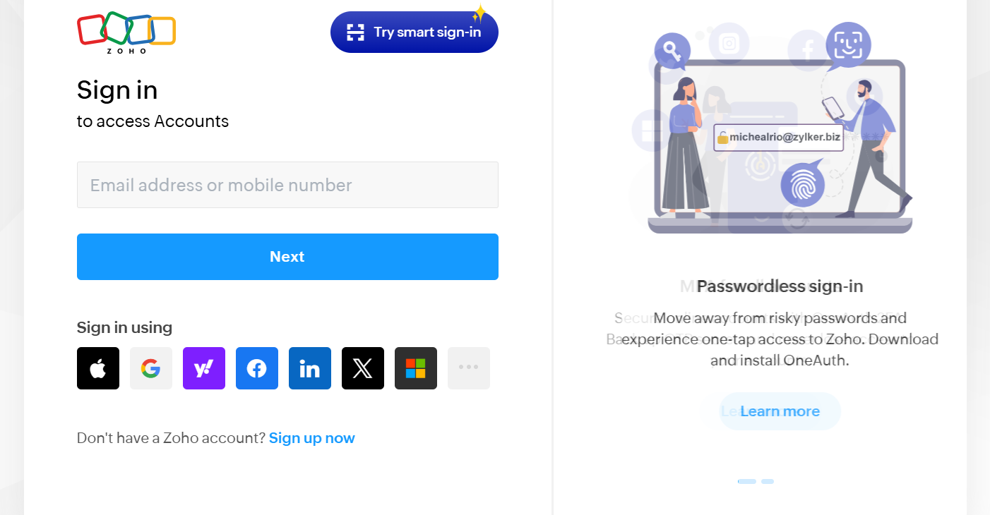 Zoho Accounts sign-in page with an email or mobile number field and alternative sign-in providers