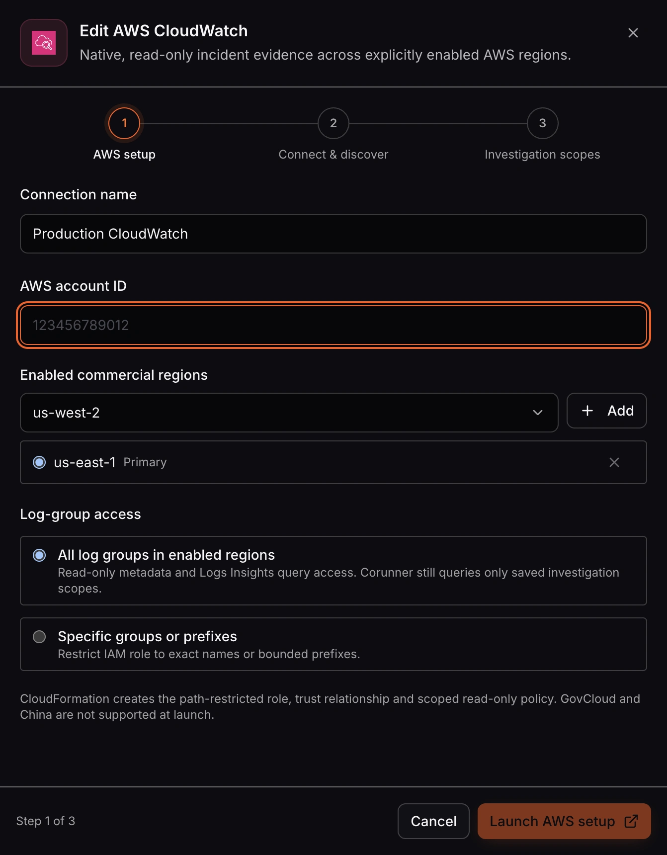 AWS CloudWatch connection setup screen in Corunner