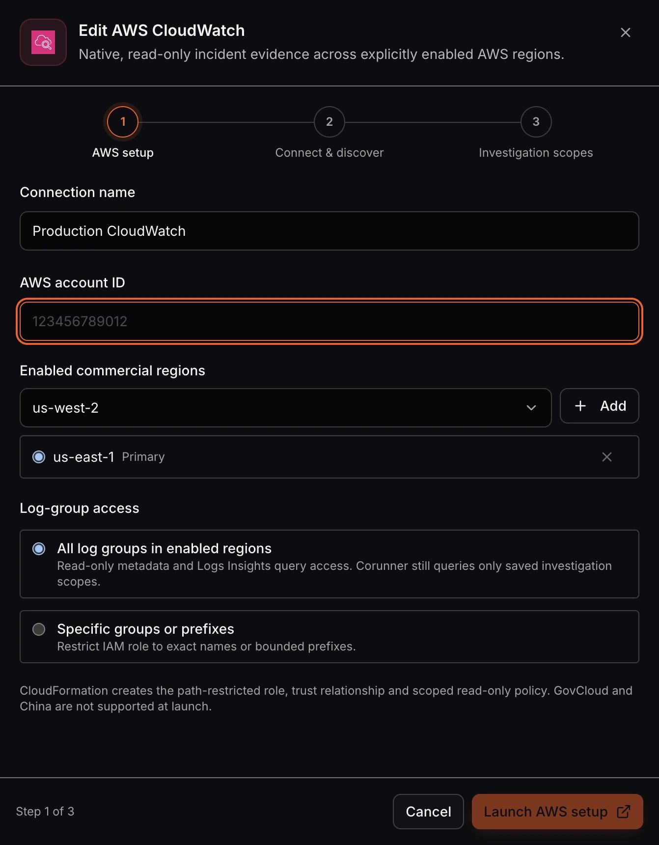 AWS CloudWatch connection form showing the connection name, AWS region, IAM Role ARN, and external ID fields