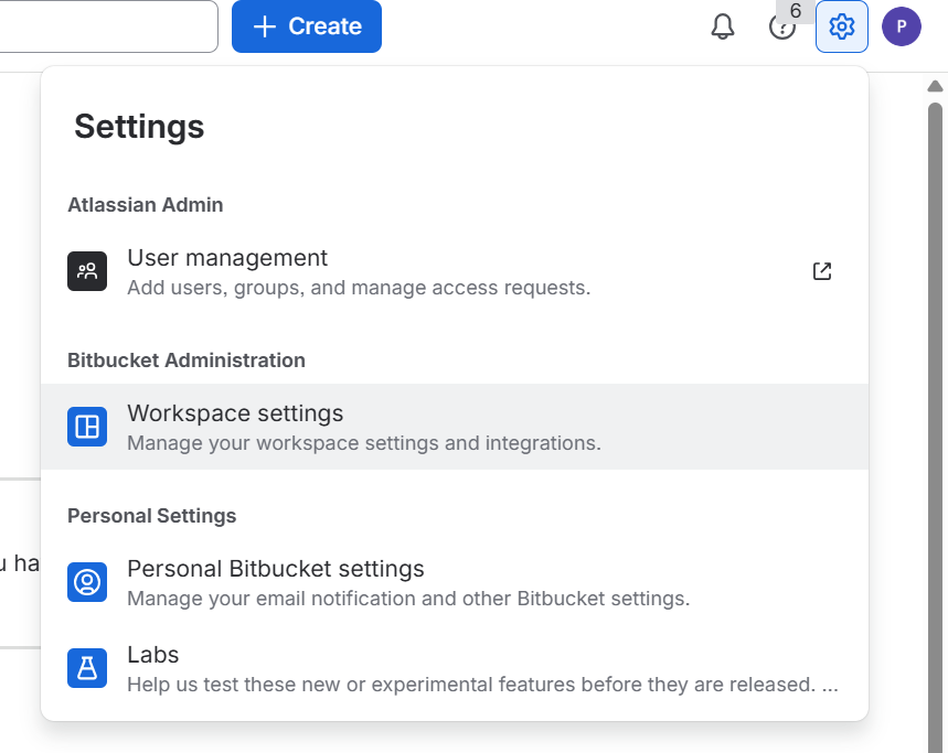 Bitbucket Settings menu with Workspace settings under Bitbucket Administration