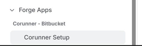 Workspace settings sidebar showing Corunner Setup under Forge Apps and Corunner - Bitbucket