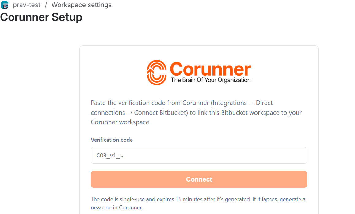 Corunner Setup connection form with the Verification code field and Connect button