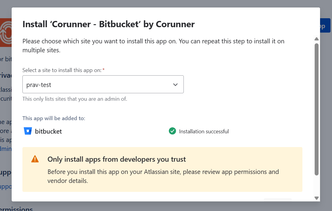 Corunner Bitbucket installation dialog showing the selected workspace and Installation successful status