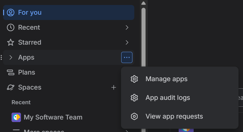 Jira sidebar with the Apps menu open and the Manage apps option visible