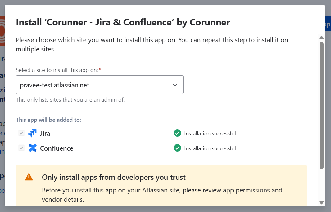 Atlassian installation dialog showing the selected site and successful installation for Confluence
