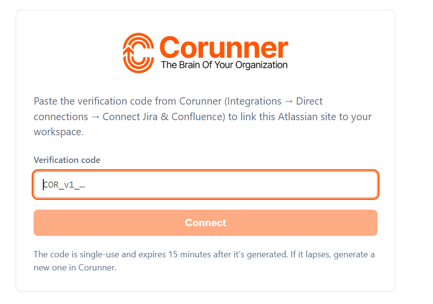 Corunner admin page showing the Verification code field, Connect button, and code expiration notice
