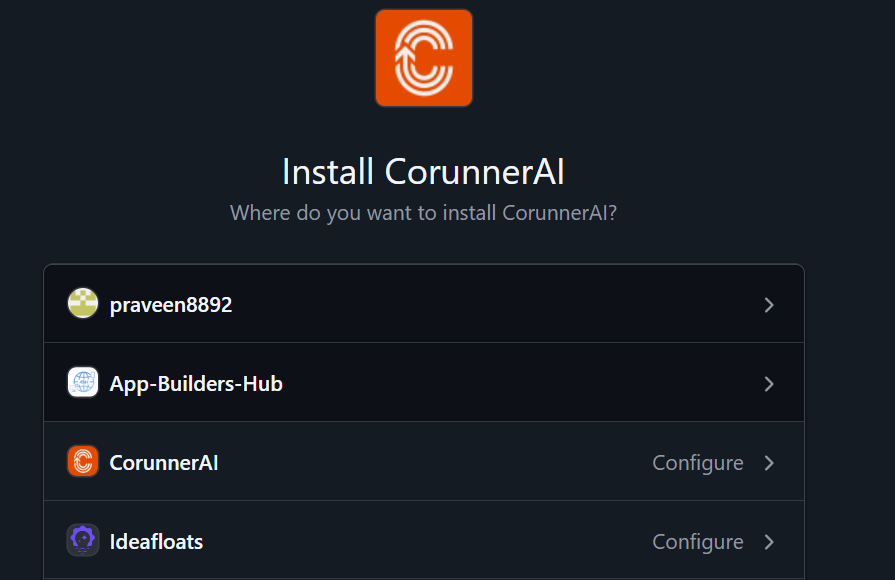 GitHub Install CorunnerAI screen listing personal accounts and organizations to choose from